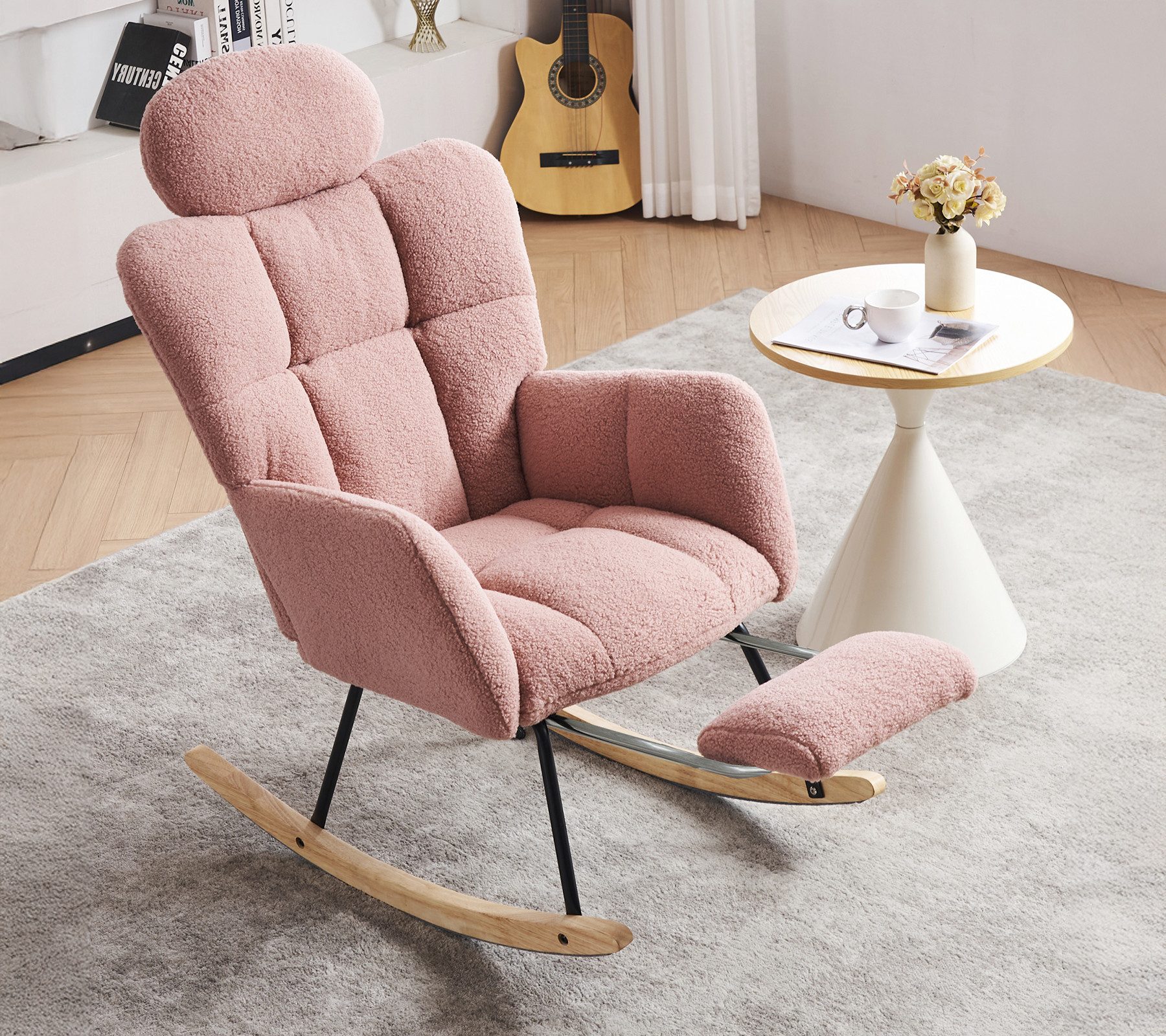 DEKKETO Schaukelstuhl mit Hocker & höhenverstellbarer Kopfstütze, Relaxsessel mit Fußauflage (1 St), Teddy-Stillsessel für Stillen & Lesen