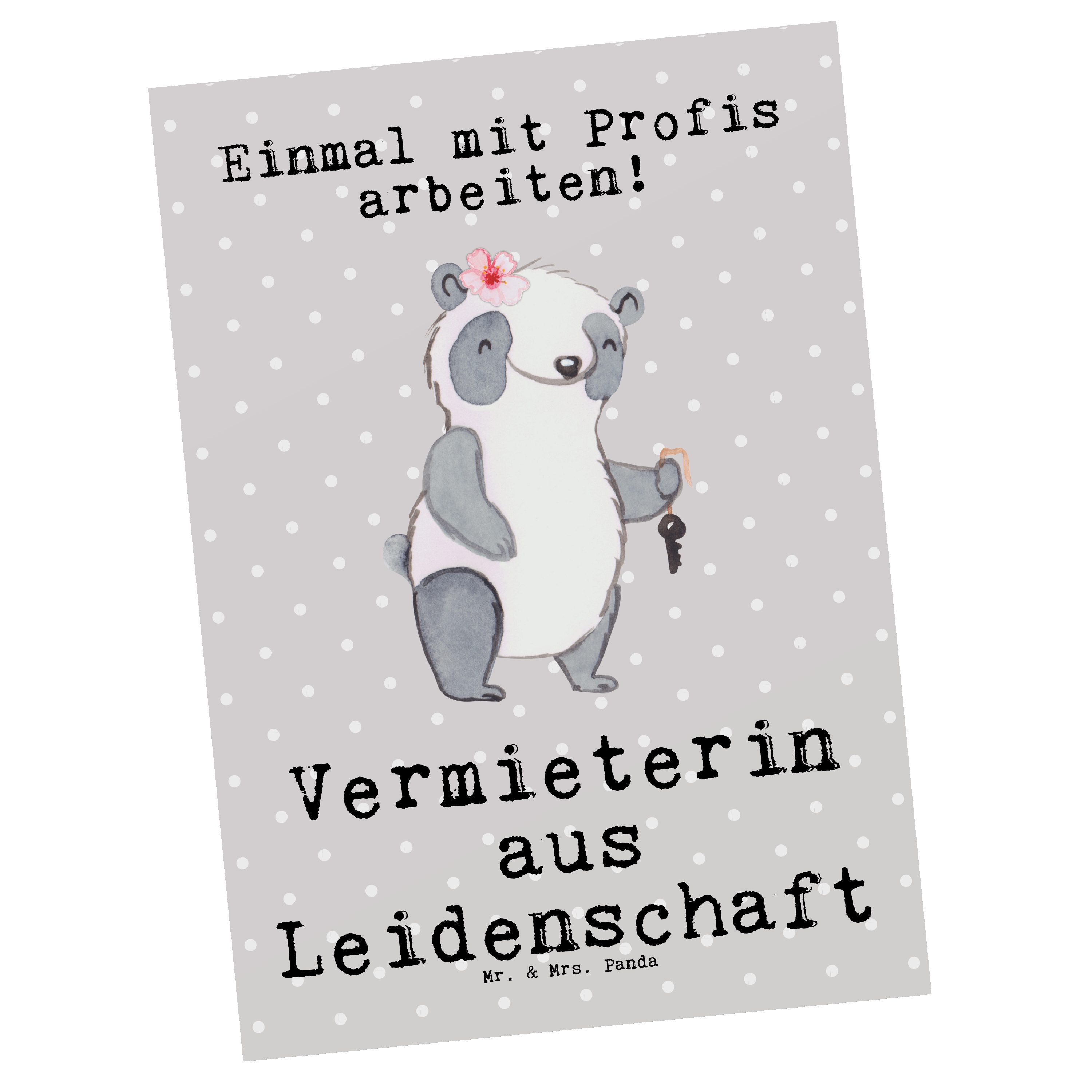 Mr. & Mrs. Panda Postkarte Vermieterin aus Leidenschaft - Grau Pastell - Geschenk, Karte, Einlad