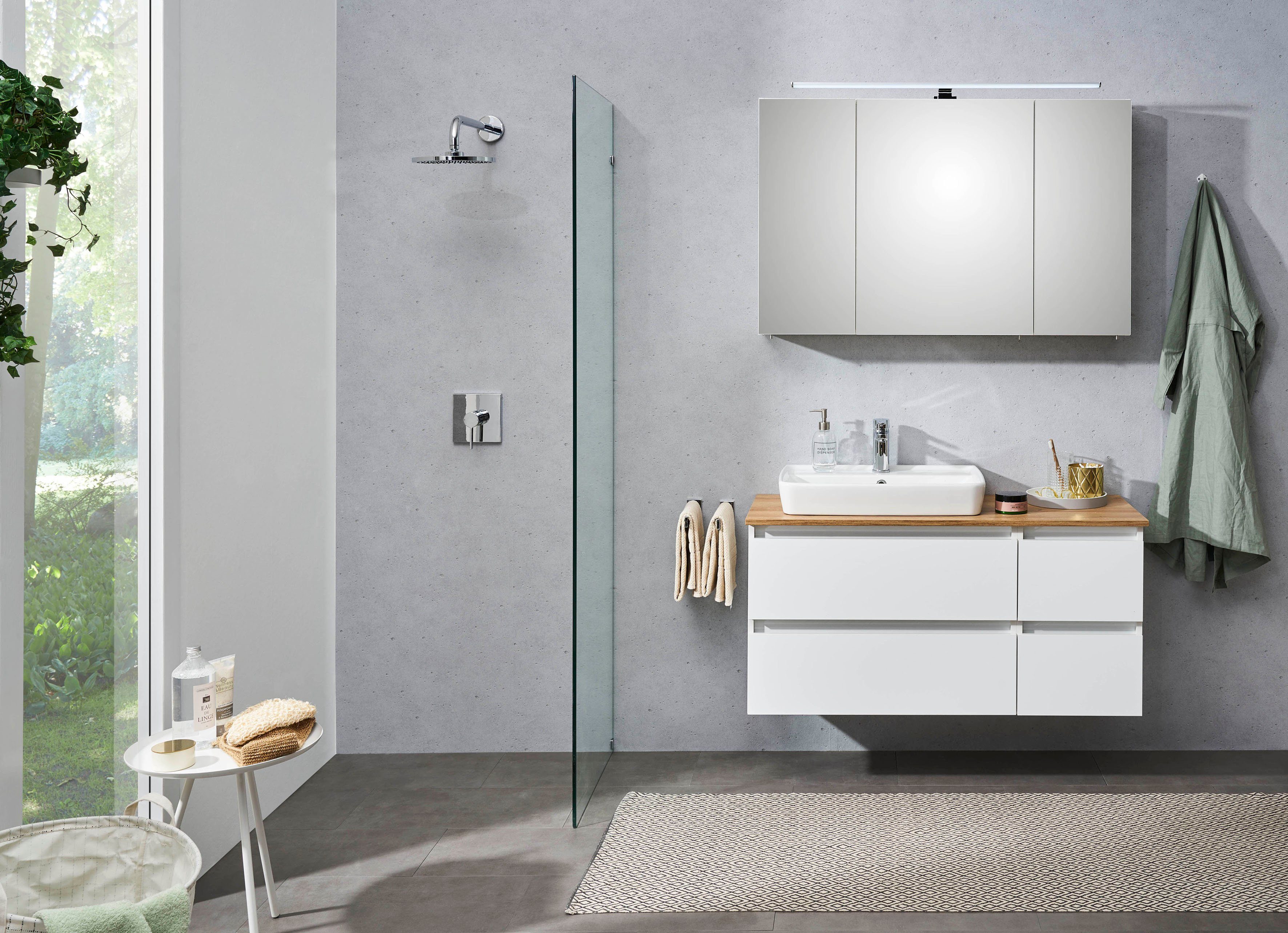 Saphir Waschtisch Quickset 360 Waschplatz mit Keramik-Aufsatzbecken, wandhängend, Waschtischplatte, 113 cm breit, Weiß Glanz, 4 Schubladen