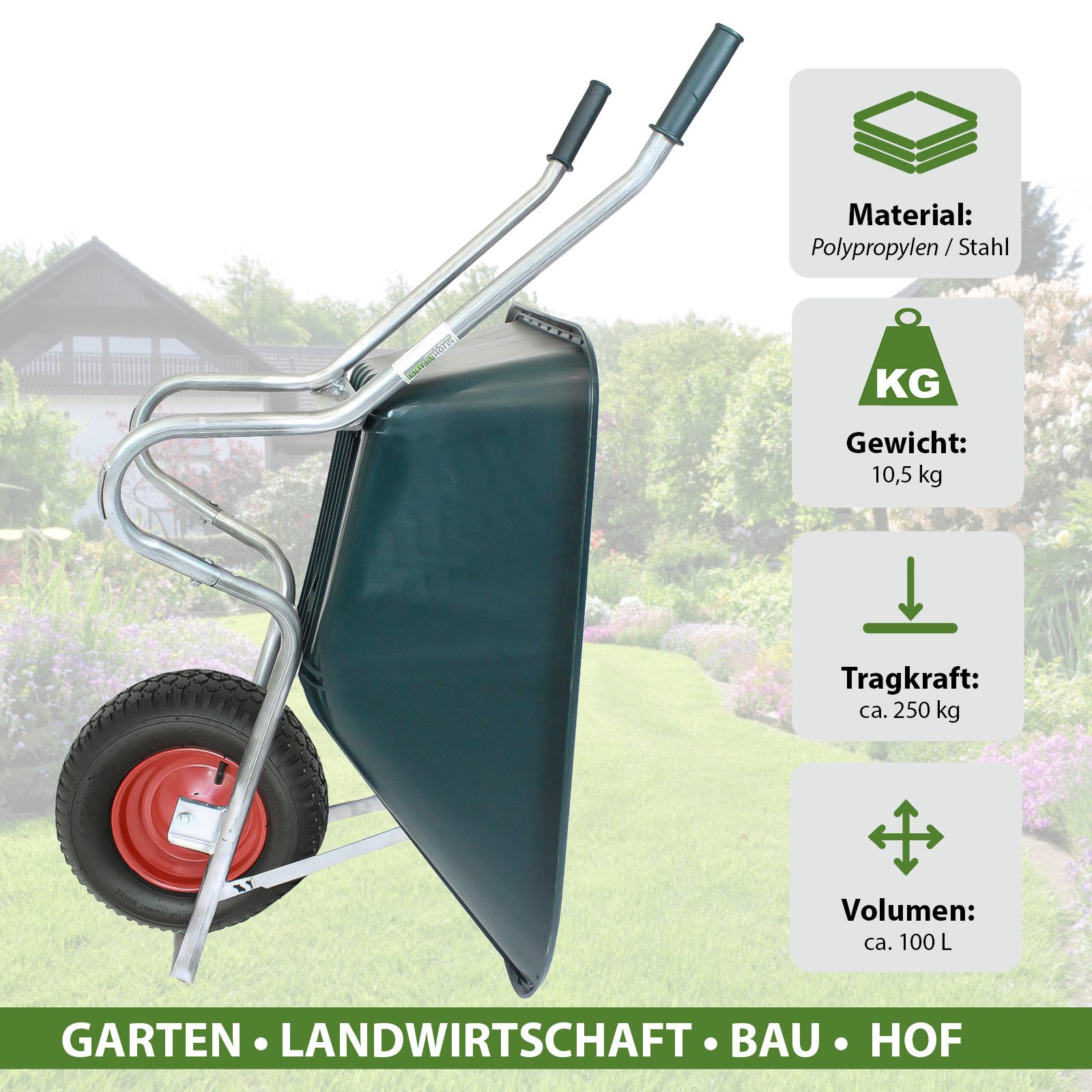 TRUTZHOLM Schubkarre 1 Rad Schubkarre 100 Liter bis 250 kg Kunststoffmulde Gartenschubkarre, Extrem Belaastbar,Auf allen Untergründen