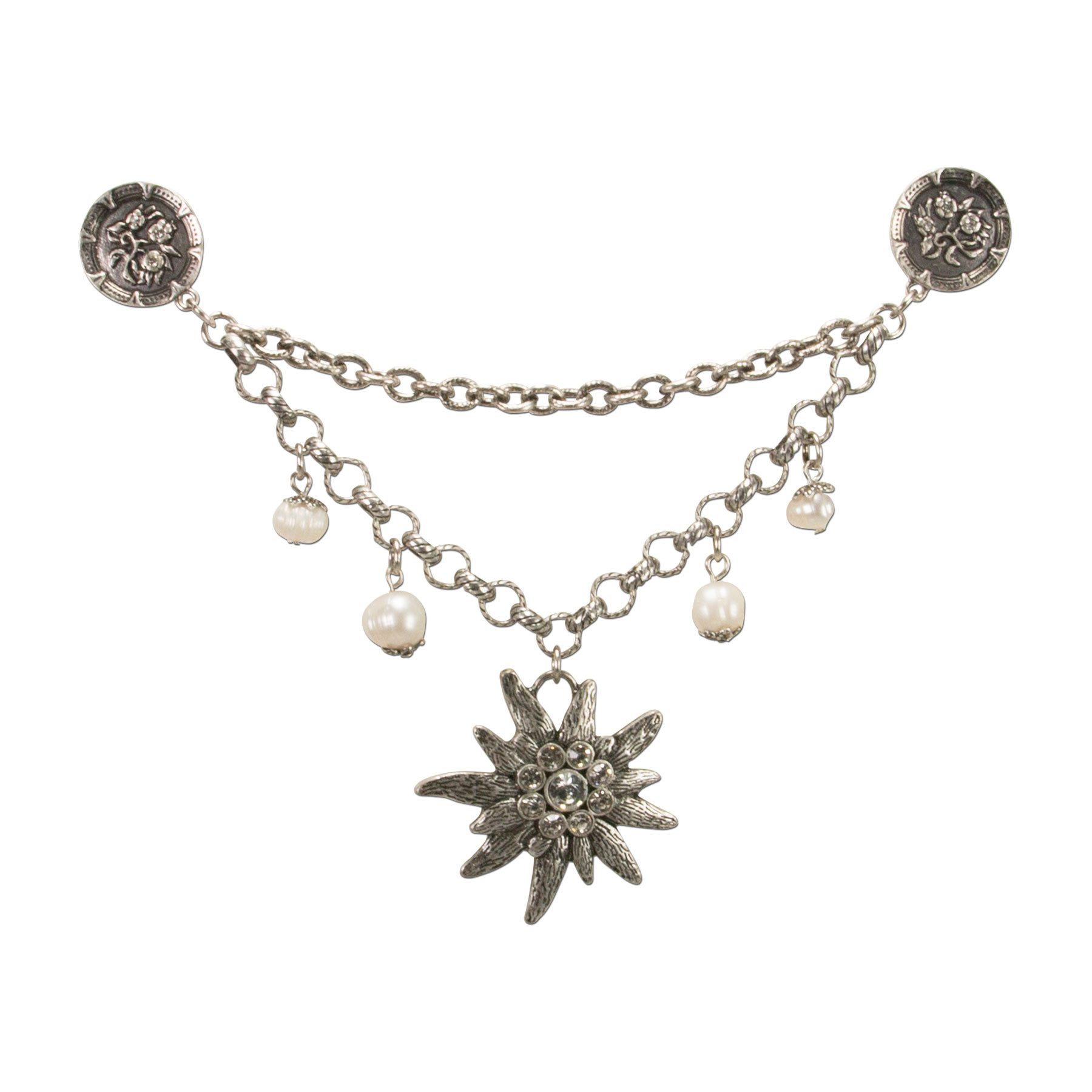 Alpenflüstern Kette mit Anhänger Pin-Charivari Strass-Edelweiss (antik-silber-farben)