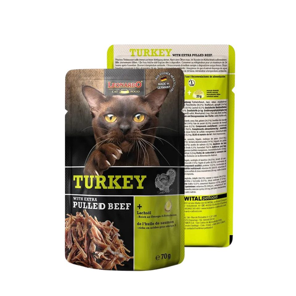 Leonardo Catfood Turkey with extra Pulled Beef - Truthahnpaté mit Rindfleisch 16x70g, Nassfutter für: Katzen