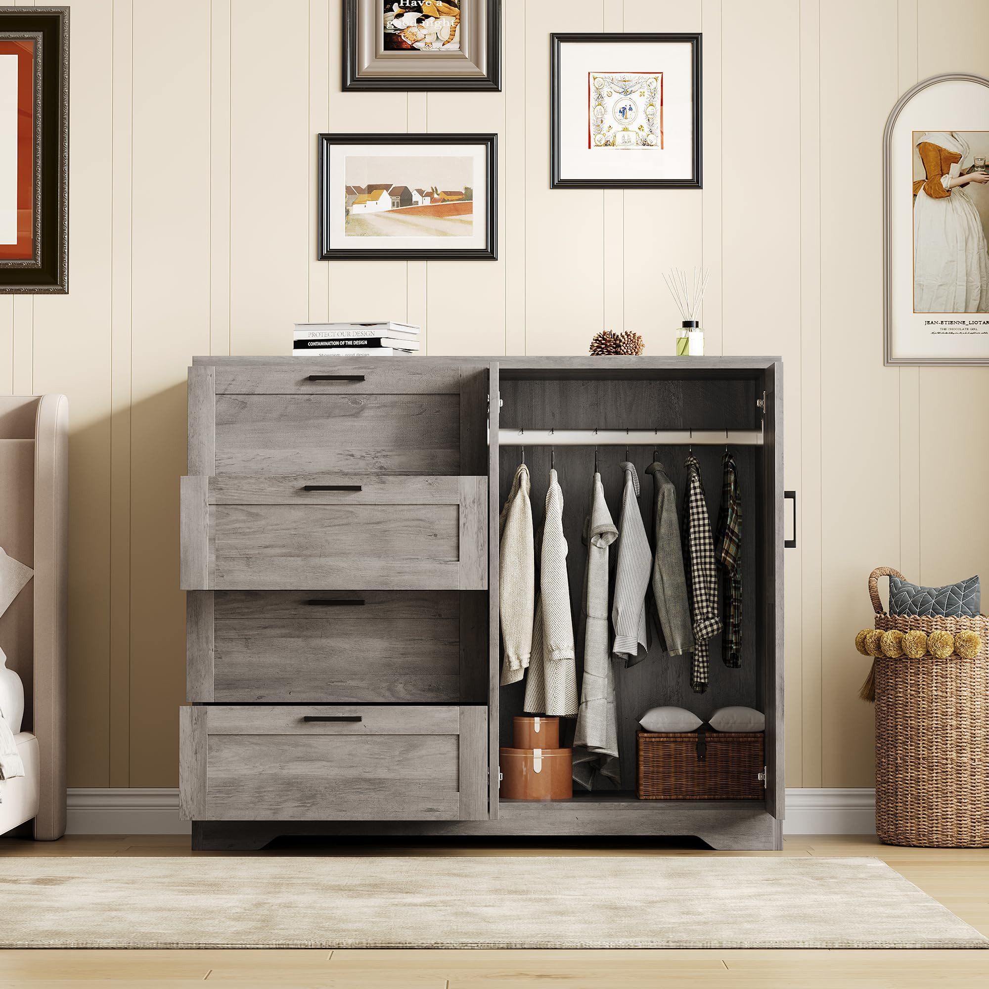 GarveeMore Kleiderschrank Niedriger Sideboard mit 2 Türen & 4 Schubladen, Weiß/Grau (120×50×110 cm) Kippsicherung, Metallgriffen, viel Stauraum für Schuhe, Kleidung, Hüte