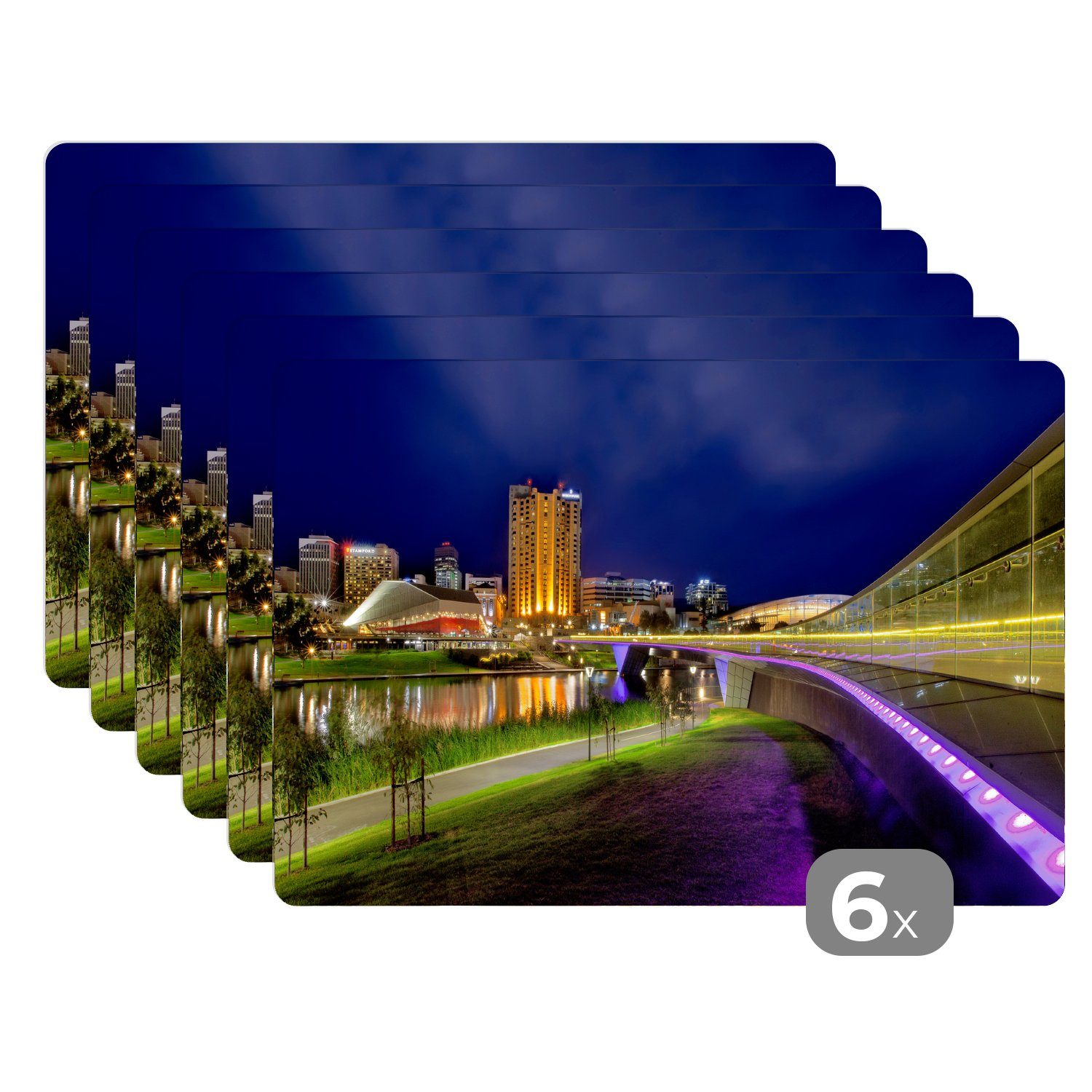 Platzset, Der Fluss Torrens Tischmatten, Schmutzabweisend MuchoWow, Adelaide, in beleuchteten Platzmatte, Platzdecken, Platzset, mit Gebäuden (6-St)