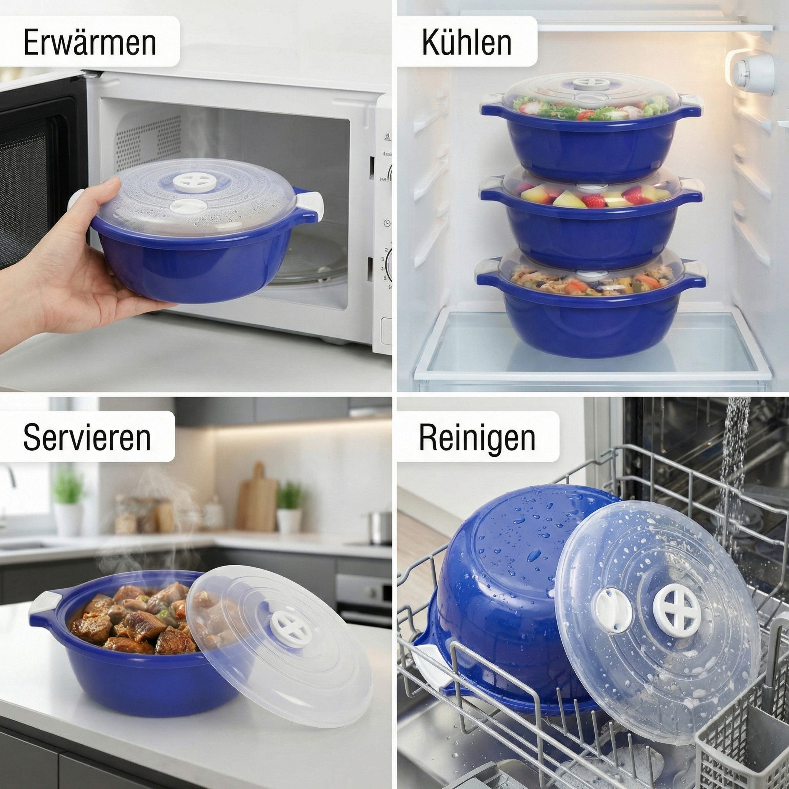 Lantelme Mikrowellenbehälter Mikrowellengeschirr Blau Mikrowellenschüssel mit Dampfventil, (2-tlg., 2 Stück Set Mikrowellenschüssel Volumen 1,8 Liter Volumen),  – Bild 5 von 5