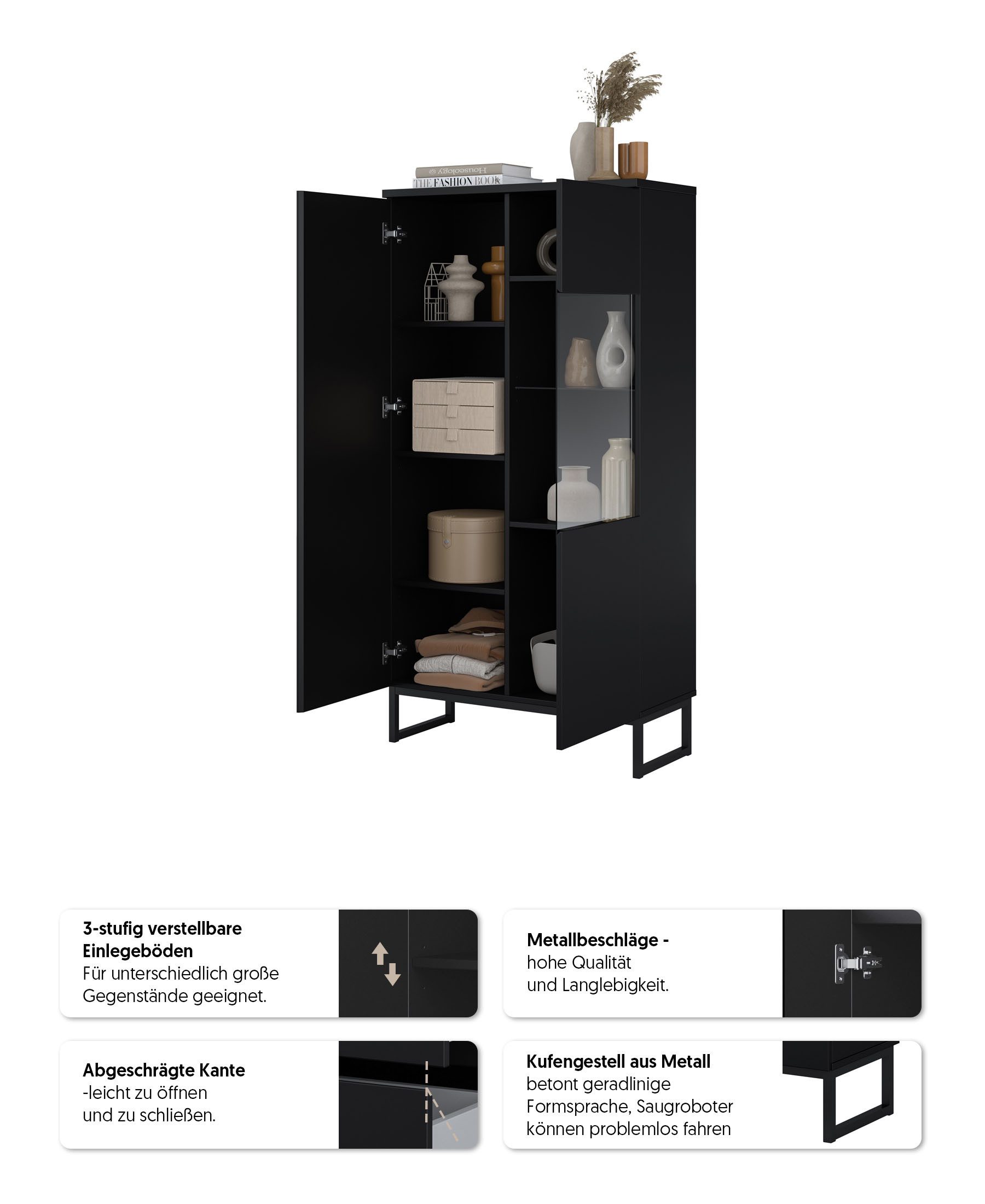 OTTO home Vitrine Modo II, Breite 80 cm, moderner griffloser Vitrineschrank Vitrine viel Stauraum, Einlegeböden verstellbar, Glastür, Metallkufen