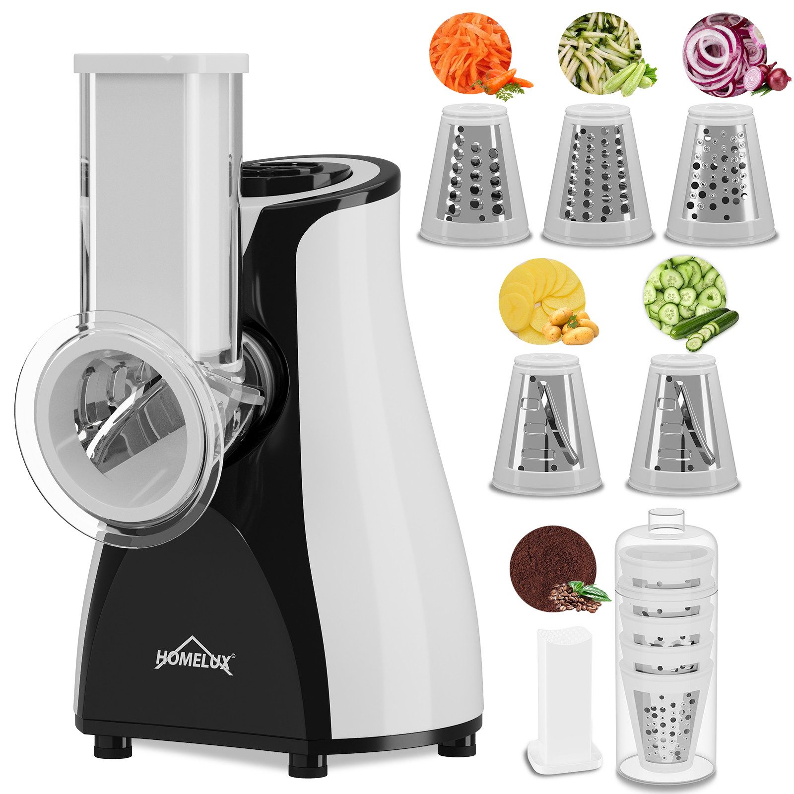 HOMELUX Gemüsehobel Gemüseschneider 5-in-1 Multifunktions 200W Elektrisch Trommelreibe, (5-St), Krauthobel
