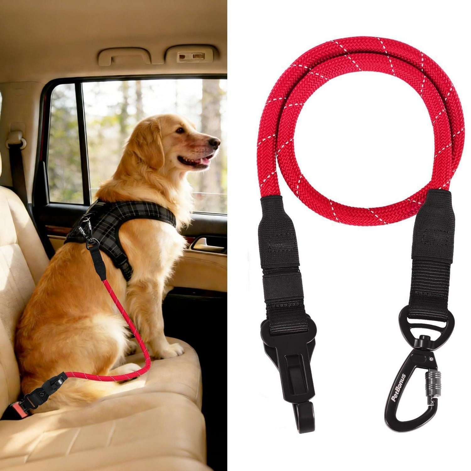 LuxusKollektion Autohundegeschirr Hunde Sicherheitsgurt Anschnallgurt Karabiner Haken Seil Rot