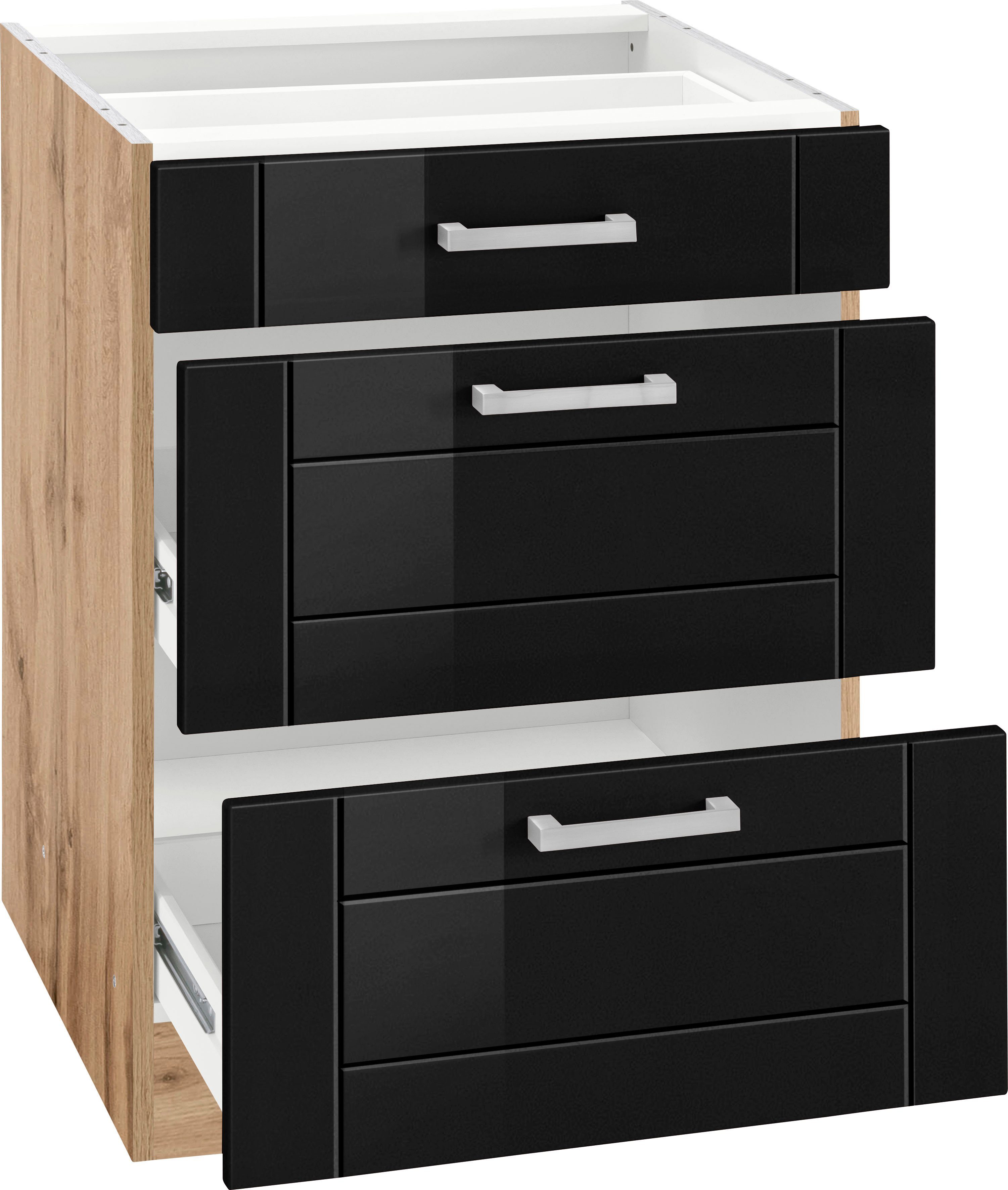 HELD MÖBEL Auszugsunterschrank Tinnum MDF-Fronten, cm 1 schwarz wotaneiche breit, 2 60 Schubkasten, Metallgriff, | Auszüge