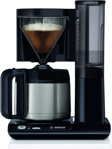 BOSCH Filterkaffeemaschine TKA8A053 Styline, Aroma Sensor, Edelstahl-Thermokanne 1,1 L, 1,1l Kaffeekanne, Papierfilter 1x4, für 8-12 Tassen, Abschaltautomatik, Entkalkungssystem, schwarz