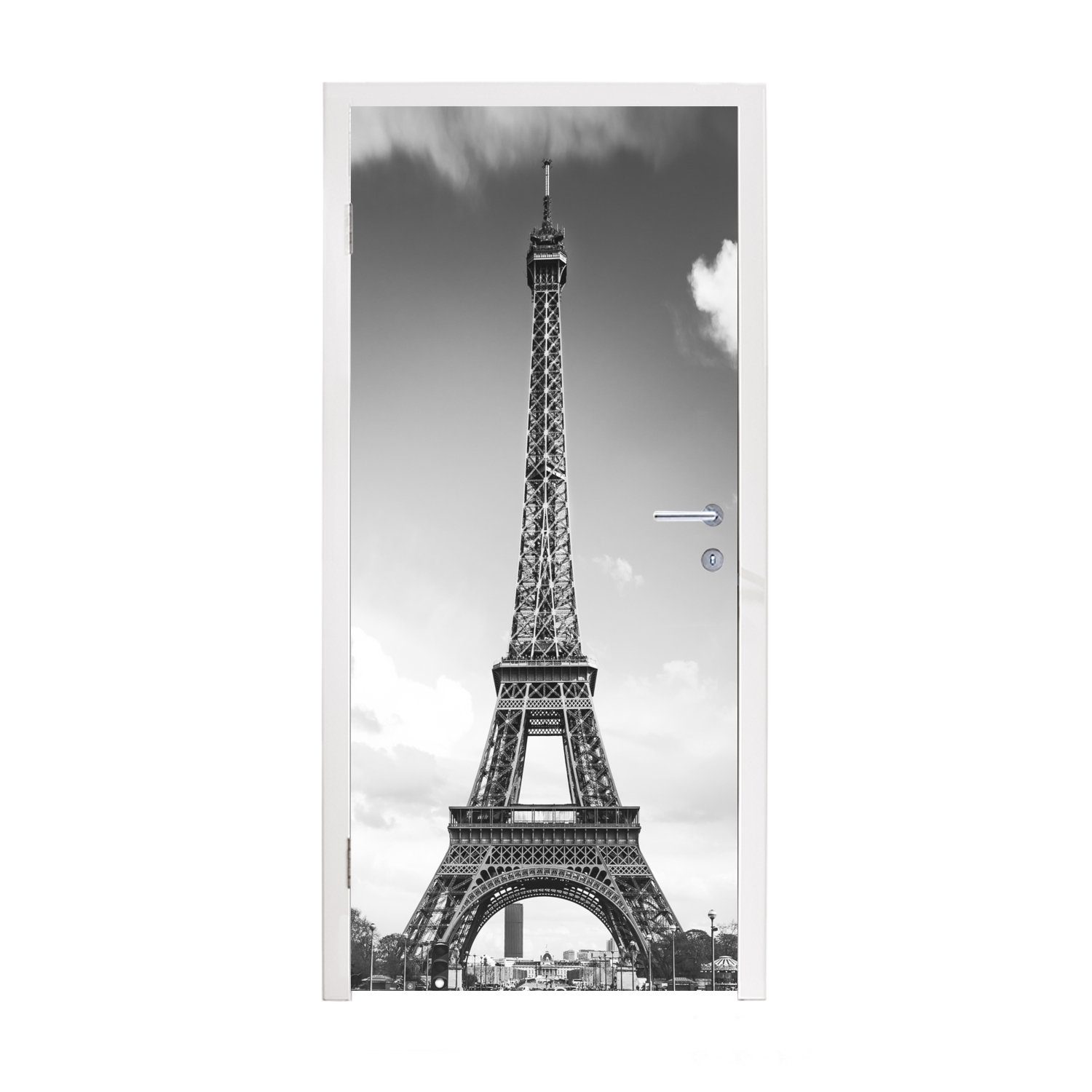 MuchoWow Türtapete Der Eiffelturm zwischen den Wolken, Matt, bedruckt, (1 St), Fototapete für Tür, Türaufkleber, 75x205 cm