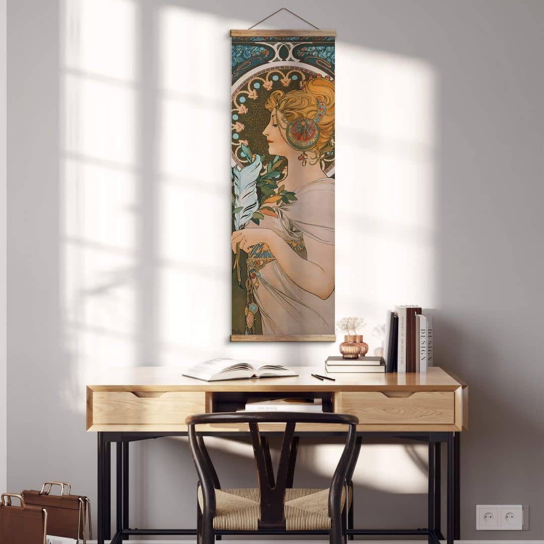 K&L Wall Art Leinwandbild Vintage Stoffbild Poster Mucha Die Feder Wand-Teppich Deko, Jugendstil Kunstdruck Banner ohne Zubehör