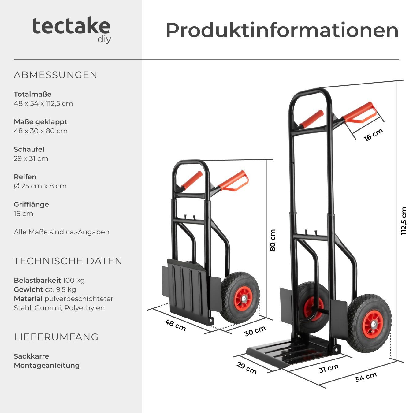 tectake sack truck, transport cart up to 100kg, with steel frame