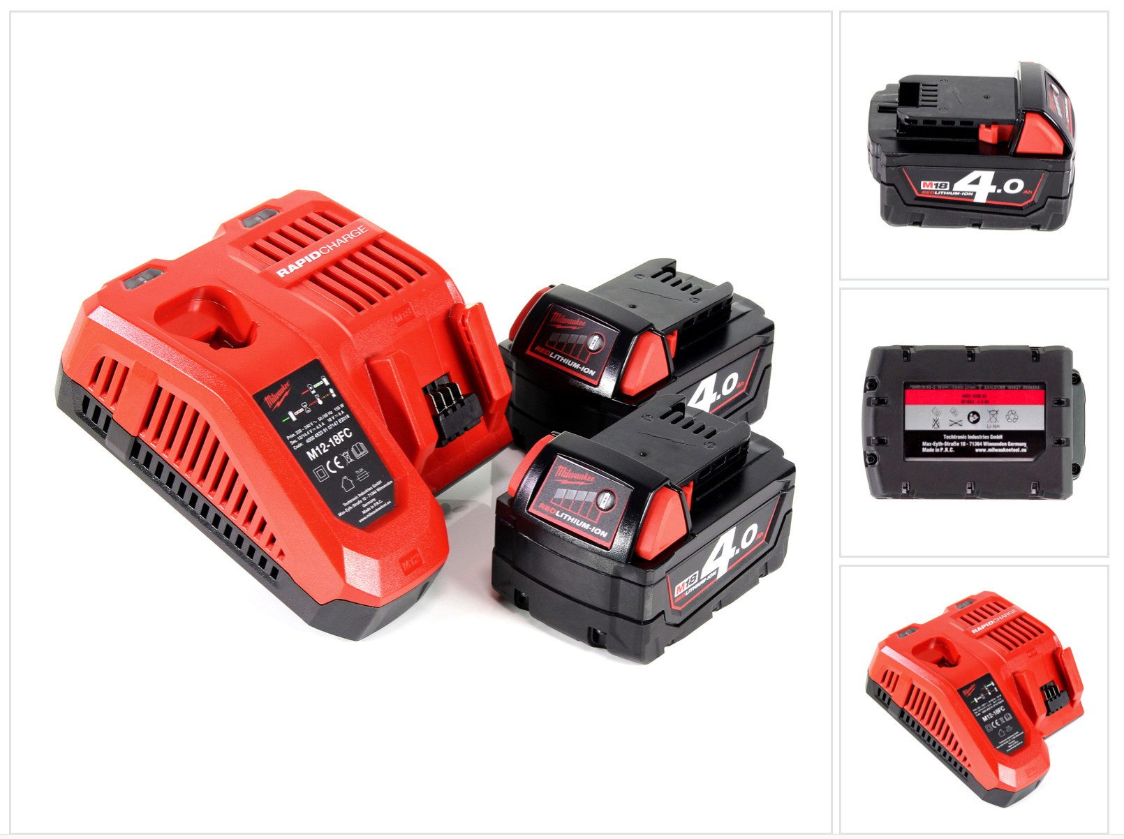 Milwaukee Akku Starter 18V Set mit 2x M18 B4 Akku 4,0Ah + M12-18FC Ladegerät (Akkupacks