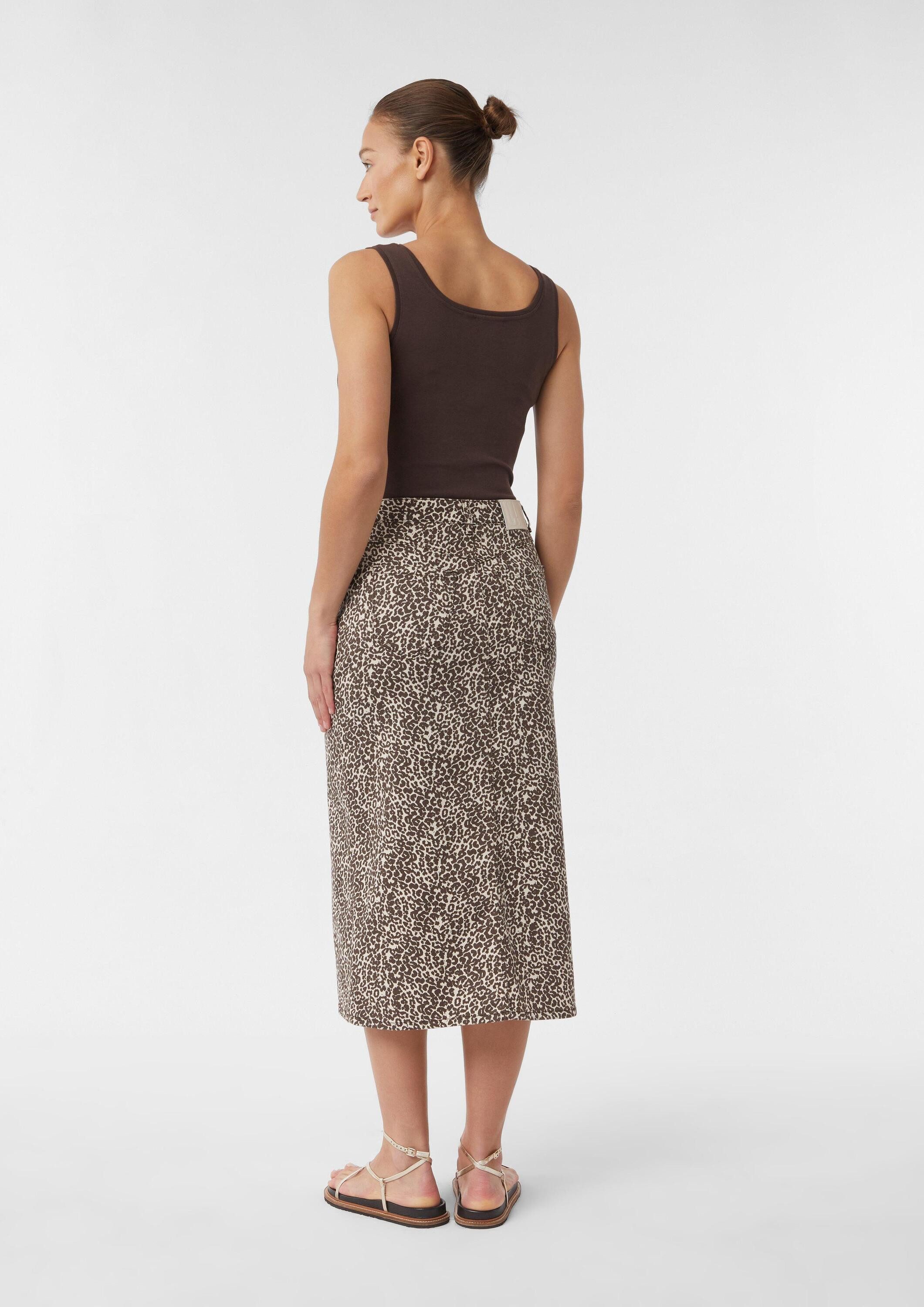 comma Midirock Rock Jeansrock in Midi-Länge mit Leo-Print