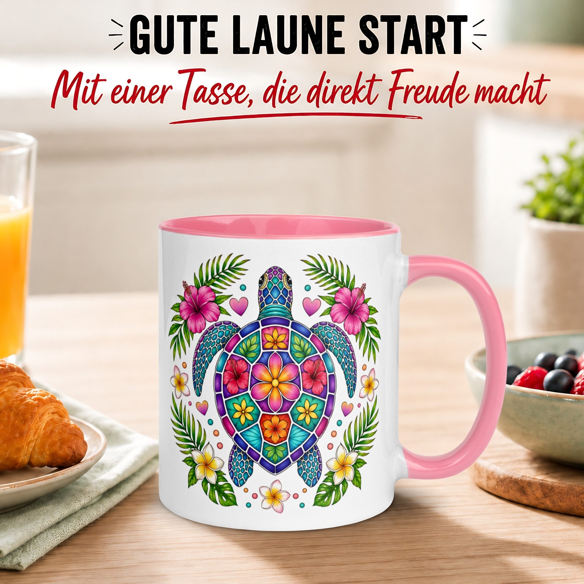 Momentals Tasse Schildkröte – Blumen Mosaik Motiv – Farbenfrohes Schildkröten Geschenk, Gratis Versand · Links-&Rechtshänder · Spülmaschinenfest