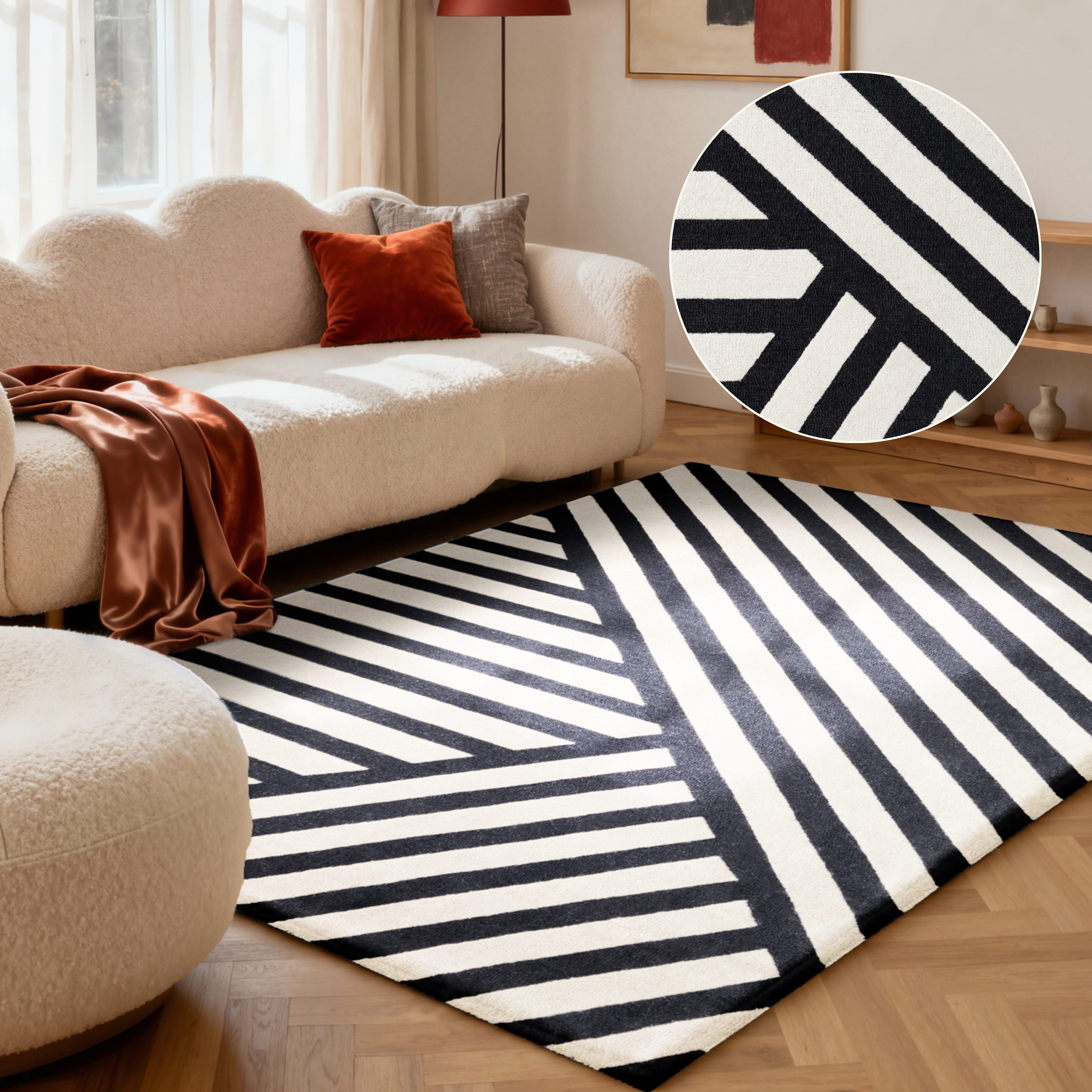 ELLE DECORATION Wollteppich Noir, rechteckig, Höhe: 12 mm, Wolle, Natur, Wohnzimmer, schwarz weiss, Modern, Geometrisch, Streifen