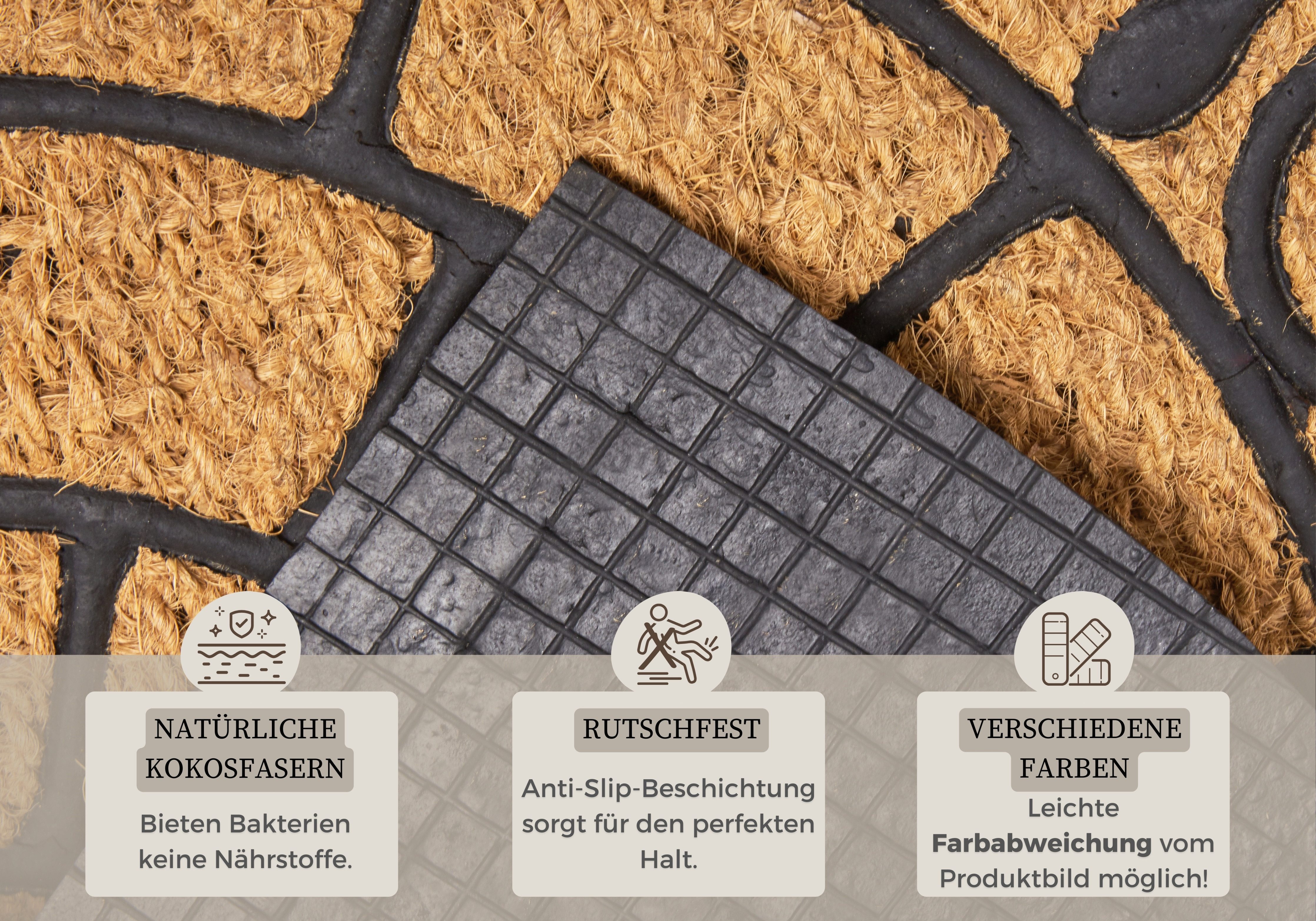 HANSE Home Fußmatte Kokos, Türmatte, halbrund, Höhe: 8 mm, Kokos, Gummi, Schmutzfangmatte, Outdoor, Rutschfest, Innen, Kokosmatte – Bild 3 von 5