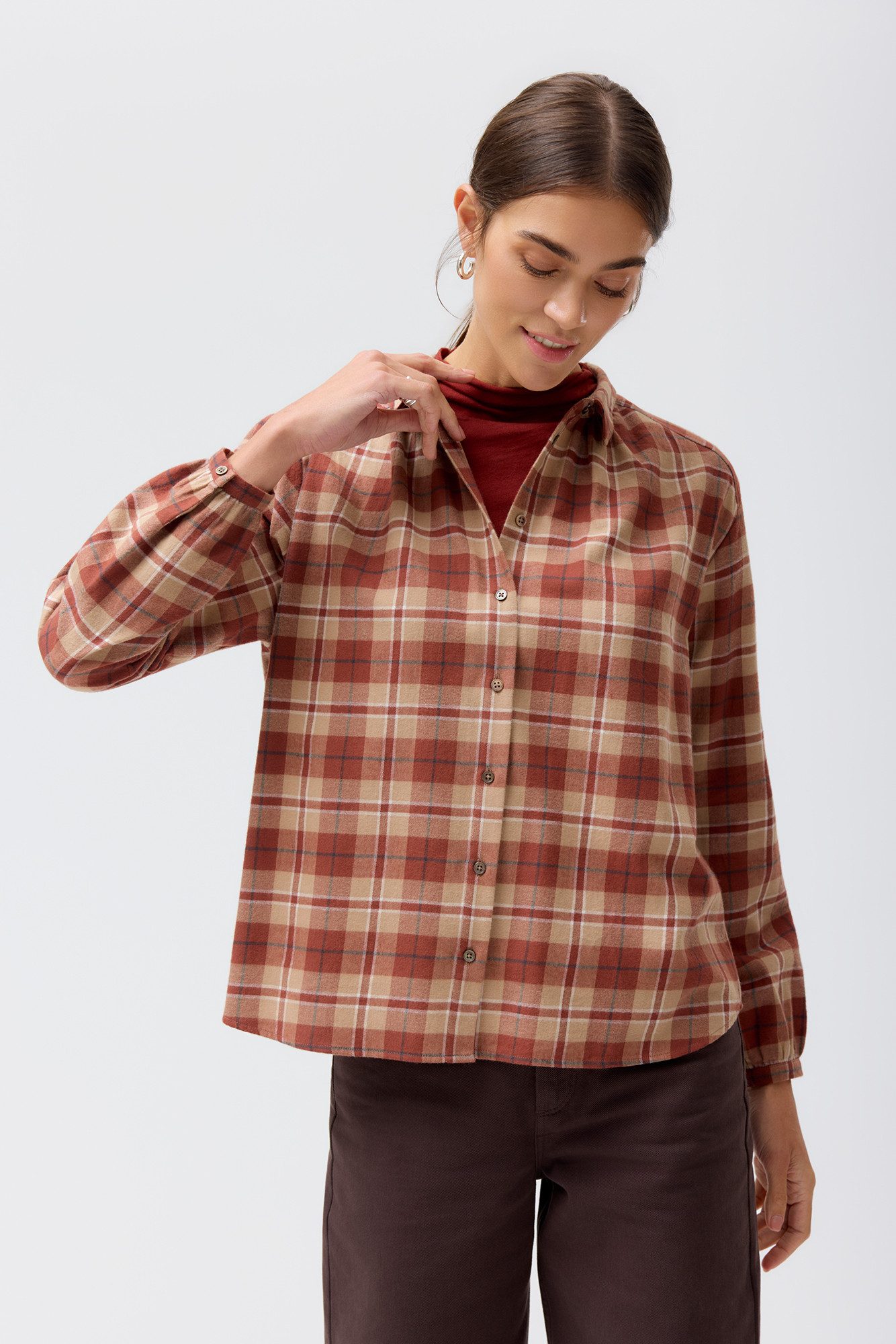 People Wear Organic Langarmbluse braun kariert GOTS zertifiziert