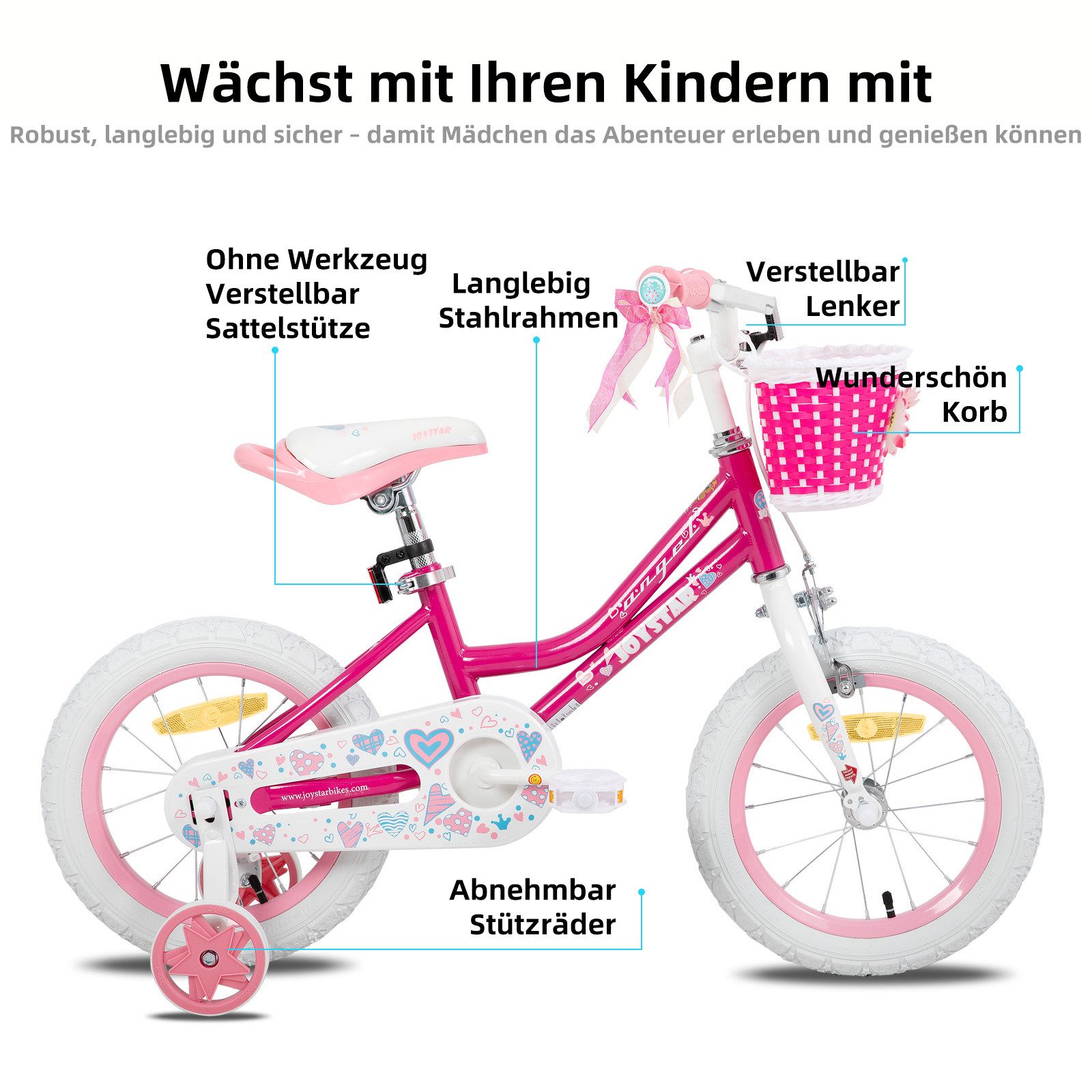 JOYSTAR Kinderfahrrad 12 14 16 18 20Zoll Mädchenfahrrad, 3 - 9 Jahre,Geschenk für Prinzessin, 1 Gang, Mit Hilfsrädern, farbigen Bändern, Korb, Reflektor, Kettenabdeckung