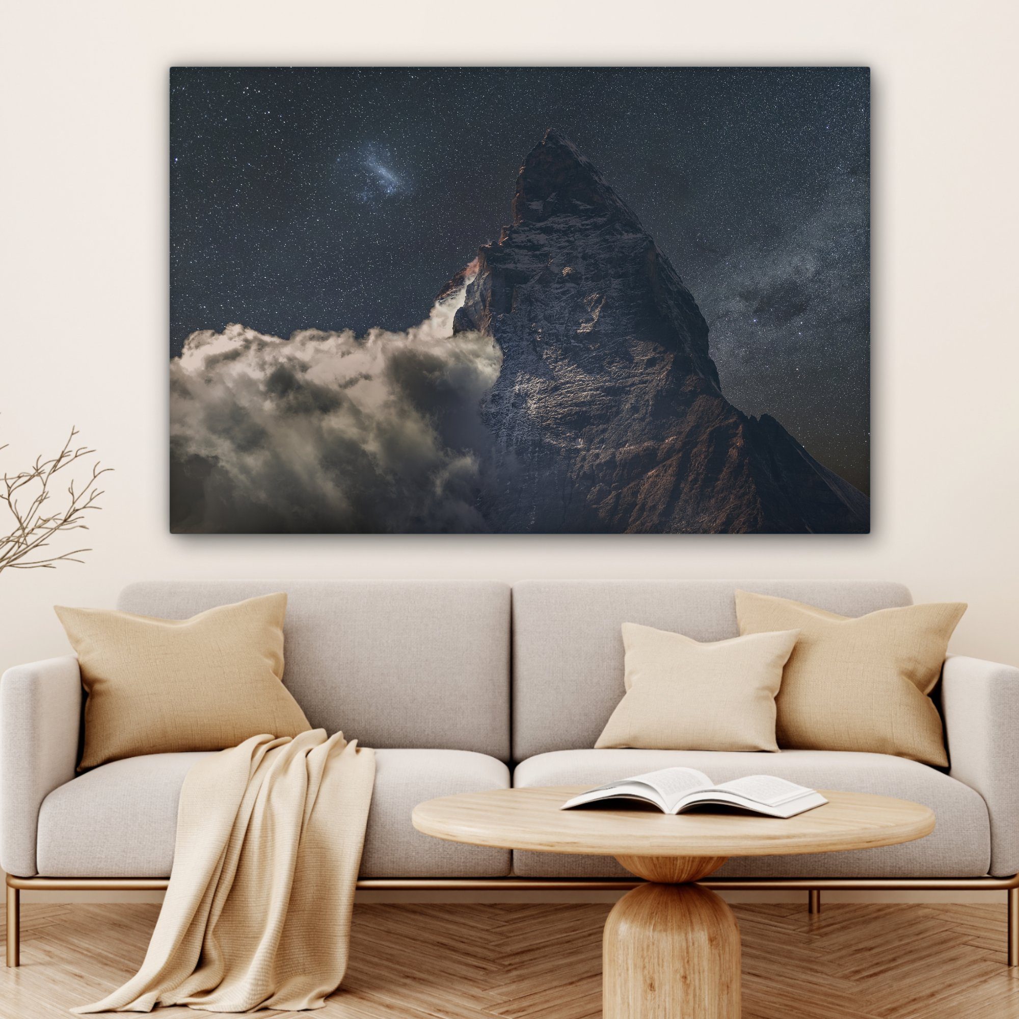 OneMillionCanvasses® Leinwandbild Niedrige Wolke in (1 St), der, XXL, Gemälde, Nachthimmel großes, für in 120x80 von alle unter cm Wohnbereiche, Matterhorn Wandbild der Nähe