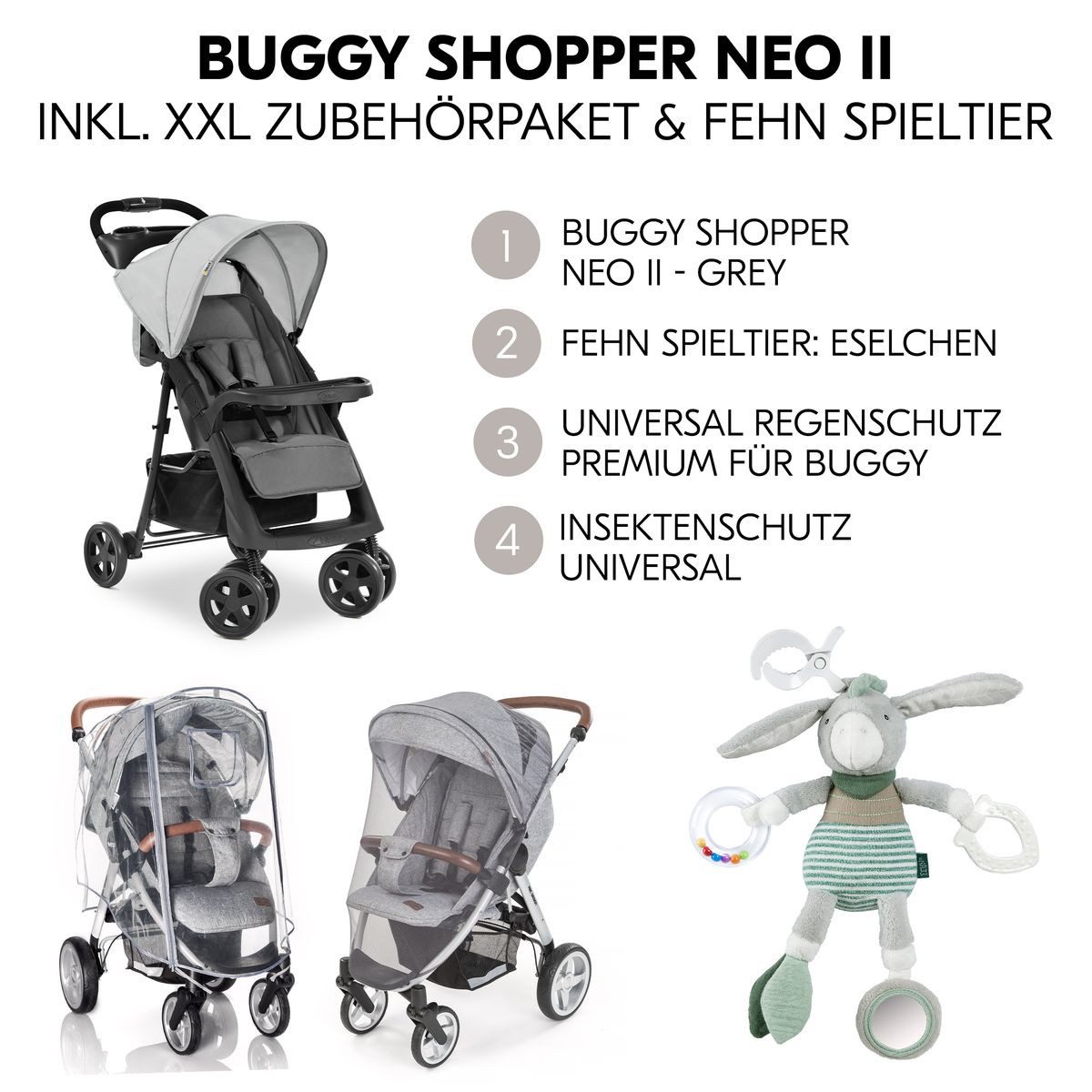 Hauck Kinder-Buggy Shopper Neo II - Grey, mit Liegeposition, Einhand-Faltmechanismus, Zubehör & Fehn Spieltier