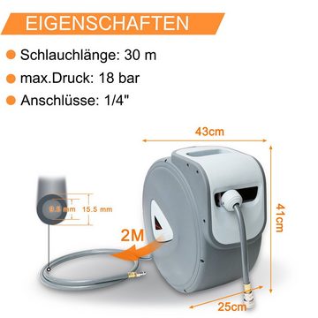 Clanmacy Hochdruckschlauch 30m Druckluftschlauch Aufroller Schlauchaufroller Schlauchtrommel 1/4" Trommel Luft Automatik mit Kupplung Automatischer Schlauch