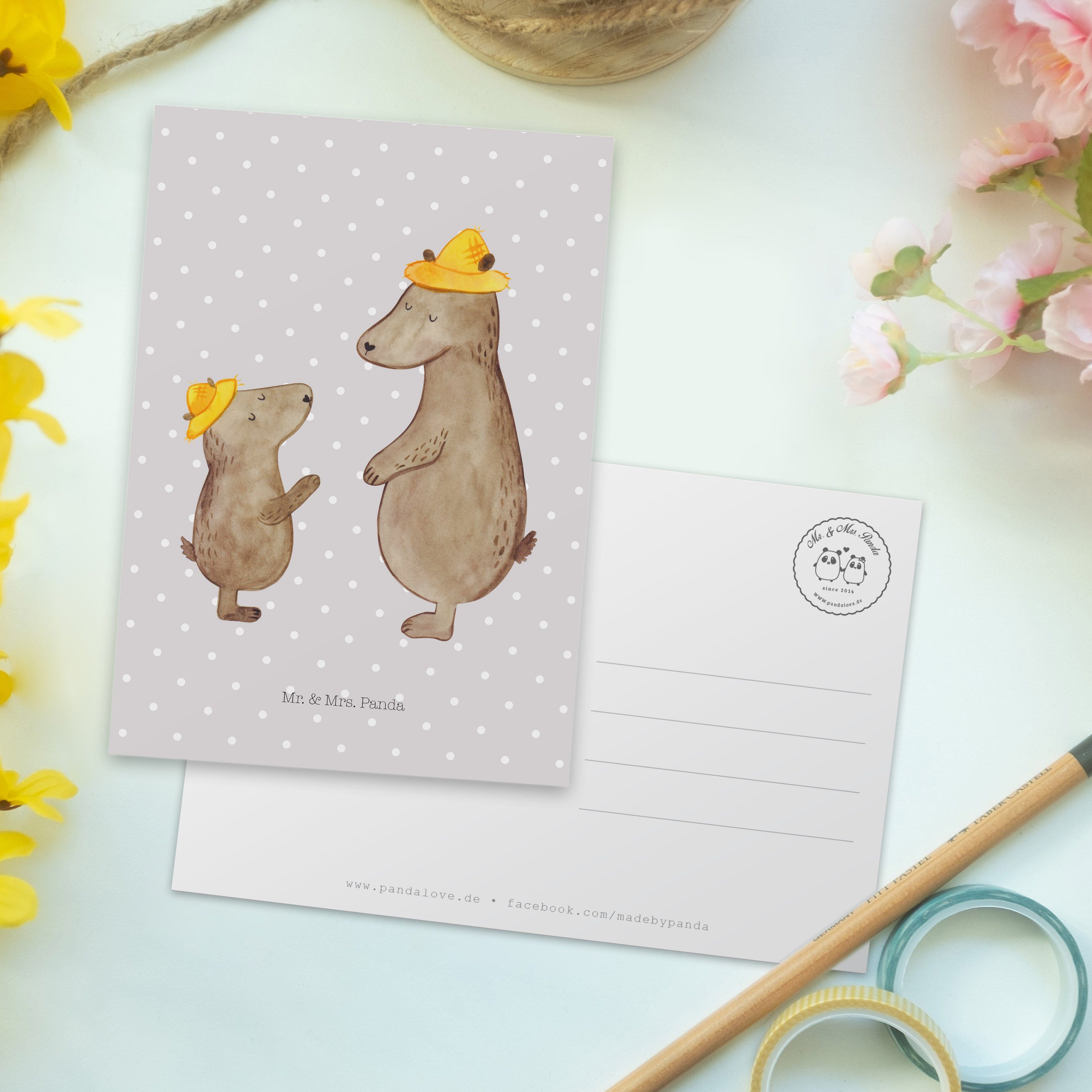 Mr. & Mrs. Panda - Pastell Hut Papi, Geschenk, Dad, Grau Postkarte mit Vatertag, Bären - Karte