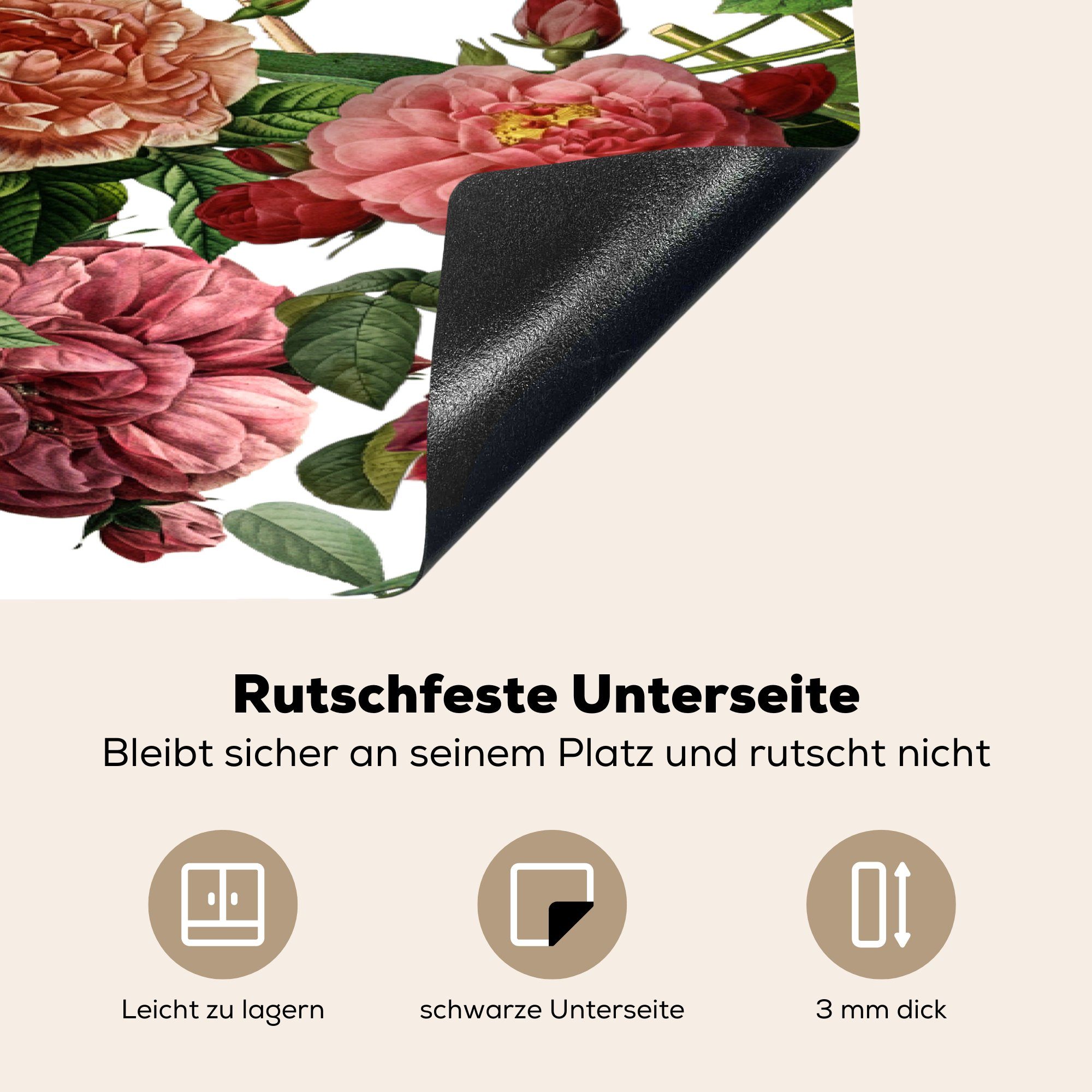 Blumen tlg), küche, Schutz Rosa 81x52 die (1 Weiß MuchoWow Vinyl, Ceranfeldabdeckung Induktionskochfeld - Herdblende-/Abdeckplatte für - - cm, Strauch,