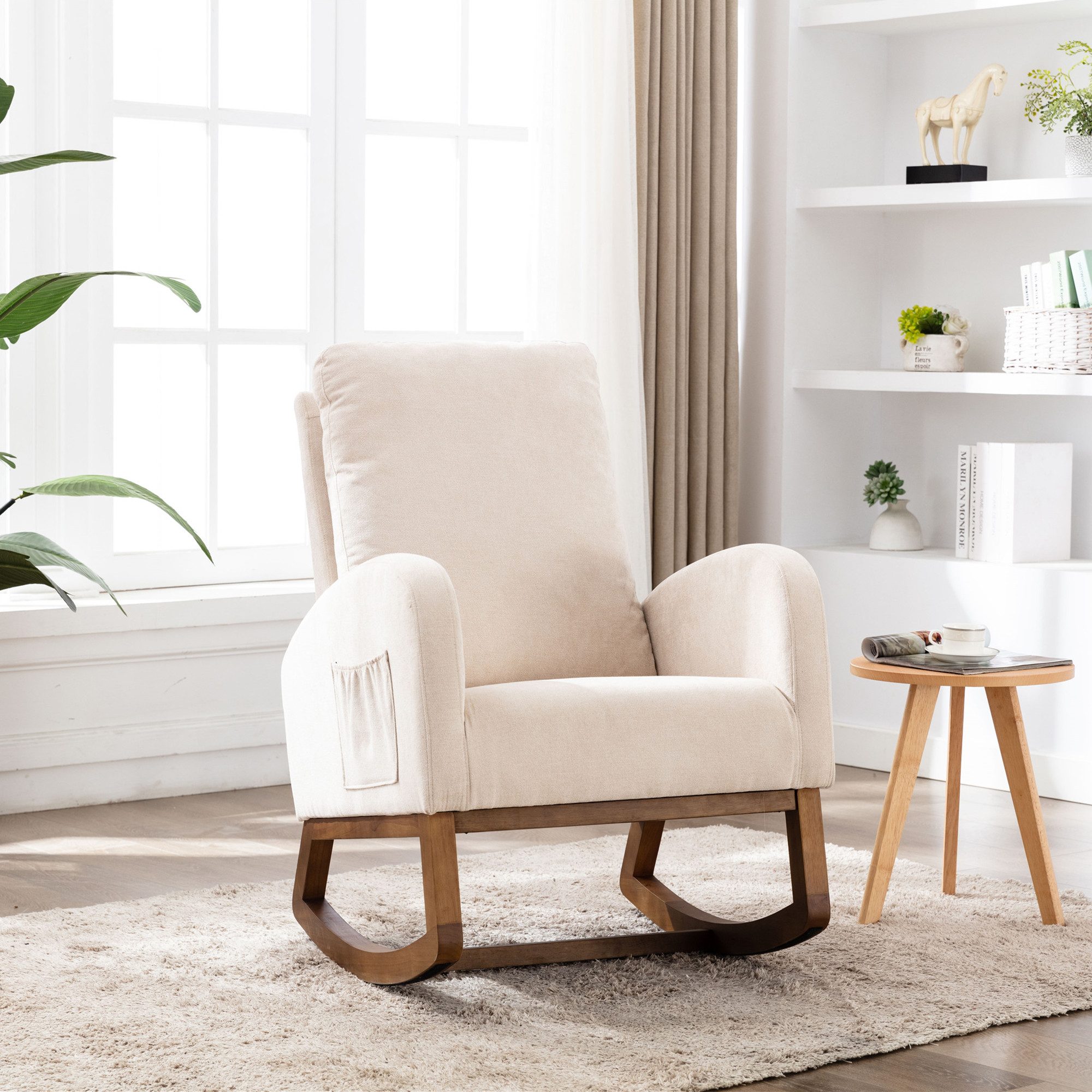 KLAM HOME Stuhl Relaxsessel Schaukelsessel Sessel Schaukelstuhl für das Kinderzimmer (Schaukelstuhl mit gepolsterter hoher Rücken und Seitentaschen), Geeignet für Wohnzimmer und Schlafzimmer