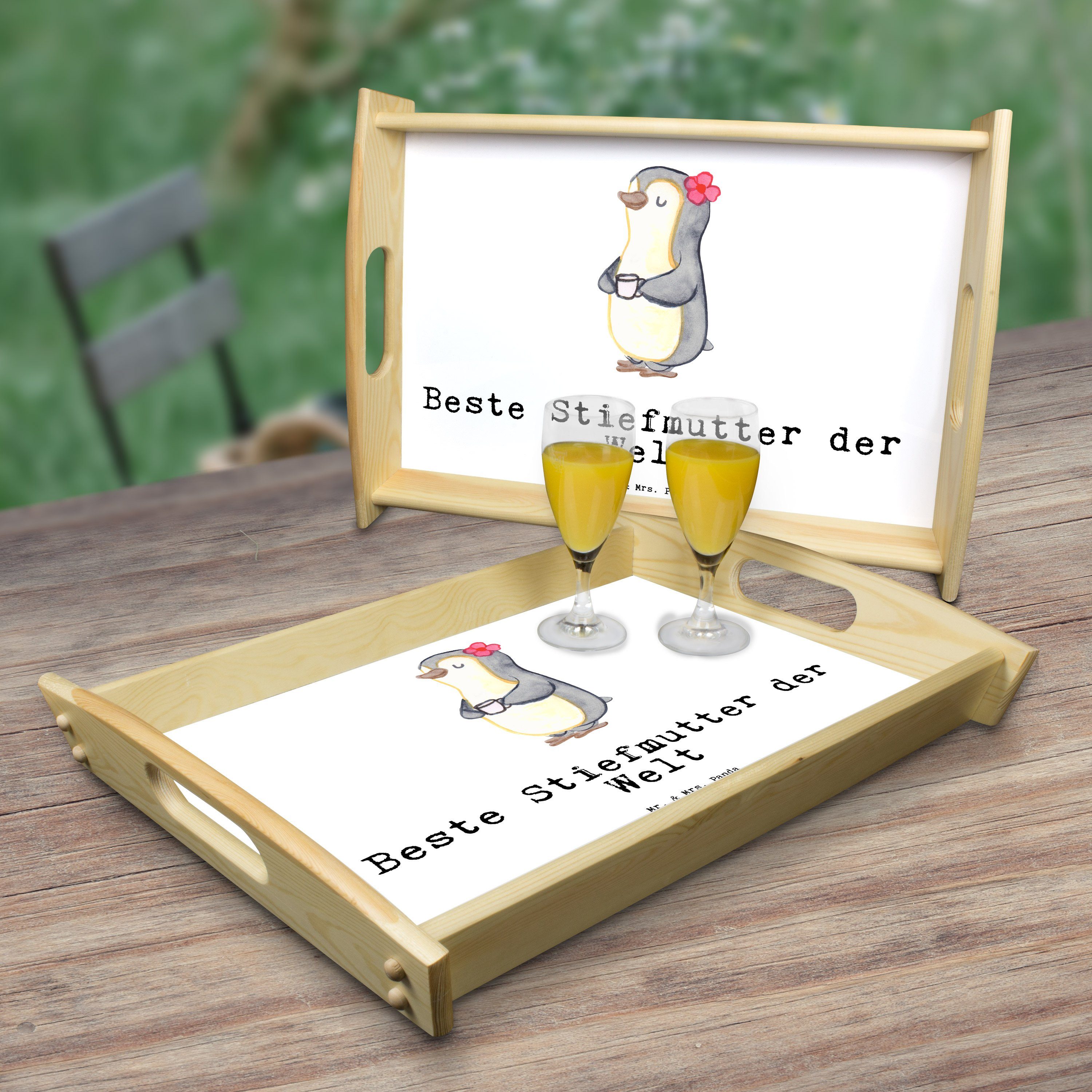 Weiß Frühstückstable, Echtholz Geschenk, der Pinguin Beste Welt - (1-tlg) Tablett Stiefmutter & Mrs. - Mr. lasiert, Panda