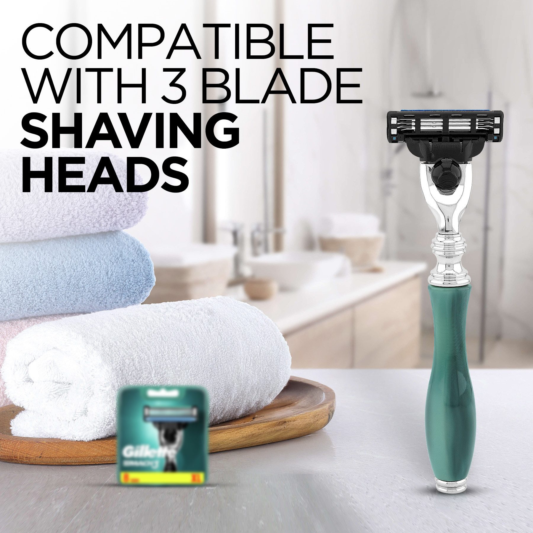 Haryali London Nassrasierer Premium 3-Klingen-Rasierer für Herren, ergonomischer Rasierer, grün, Packung, Abnehmbarer, verstellbarer Rasierer mit hochwertigem Messingharz, Abwaschbarer,rutschfester Griff.Passend für alle Mach 3 Rasierklingen.