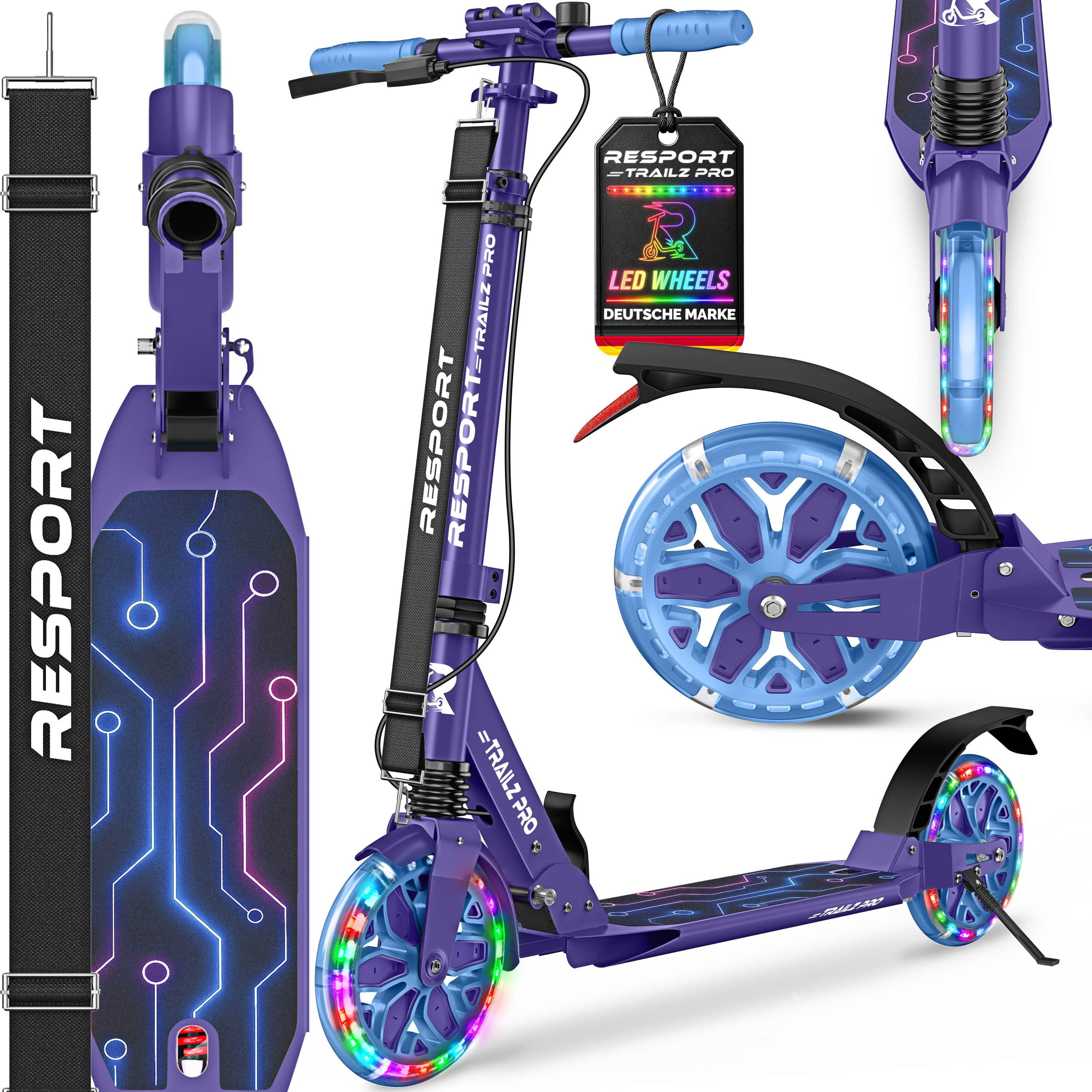 RE:SPORT Cityroller RE:SPORT® Trailz Pro Cityroller Scooter inkl. Tragegurt und Klingel, (Scooter höhenverstellbar & klappbar, Kickscooter Tretroller inkl. Handbremse & Doppelfederung), Cityroller für Kinder & Erwachsene mit LED, Klingel & Tragegurt
