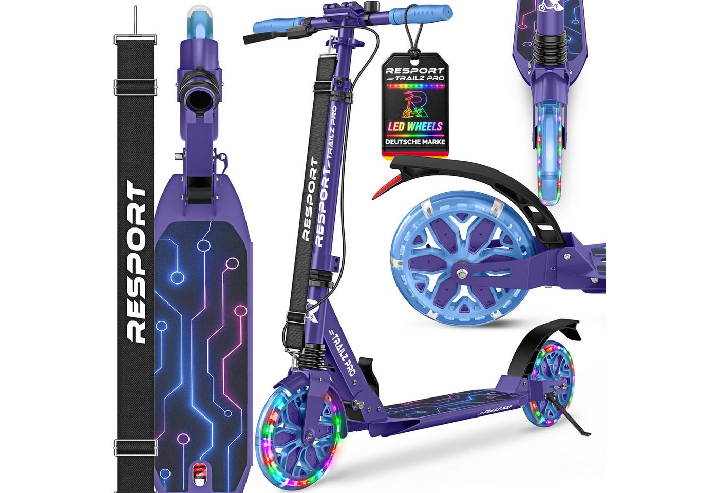 RE:SPORT Cityroller RE:SPORT® Trailz Pro Cityroller Scooter inkl. Tragegurt und Klingel, (Scooter höhenverstellbar & klappbar, Kickscooter Tretroller inkl. Handbremse & Doppelfederung), Cityroller für Kinder & Erwachsene mit LED, Klingel & Tragegurt
