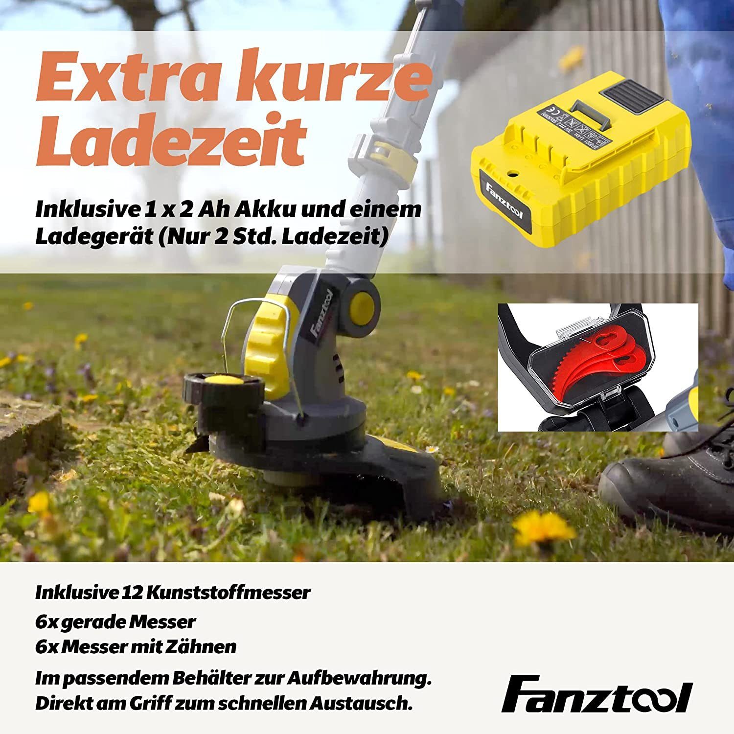 Fanztool Akku-Rasentrimmer 20V, inkl. 2Ah Akku & Ladegerät. Ideal für Feinschnitt und Grobschnitt – Bild 4 von 5