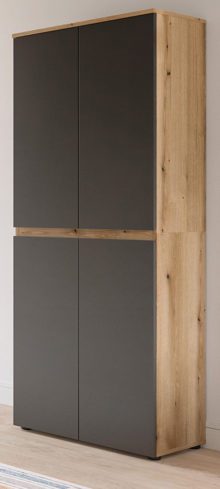 Inn.Furn Mehrzweckschrank Assino (Garderoben- und Schuhschrank in Grau und Eiche, 4-türig, 70 x 175 cm) mit Kleiderstange und 7 Einlegeböden