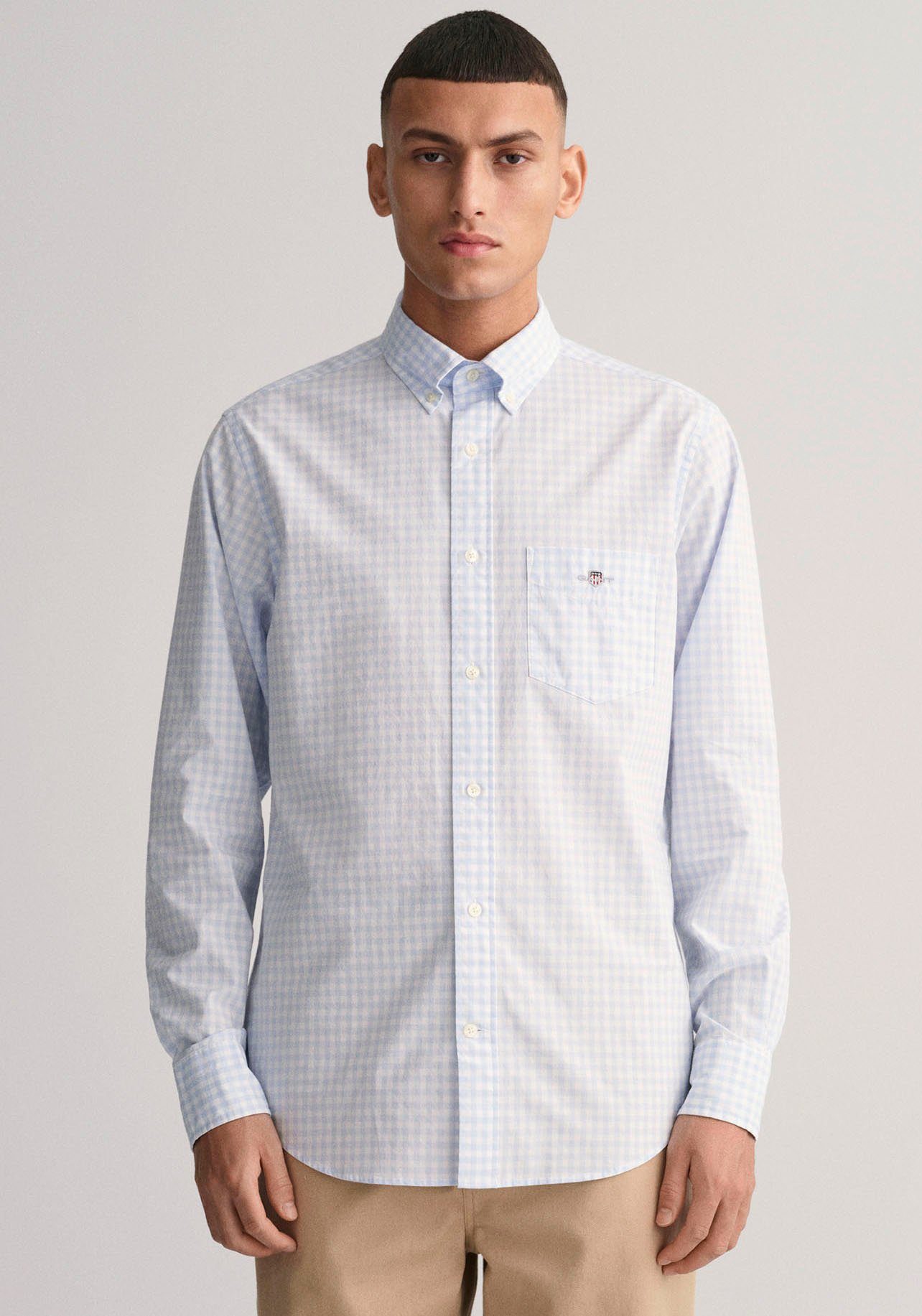 REG Brust Langarmhemd Logostickerei mit GINGHAM auf blue SHIRT POPLIN light Gant der