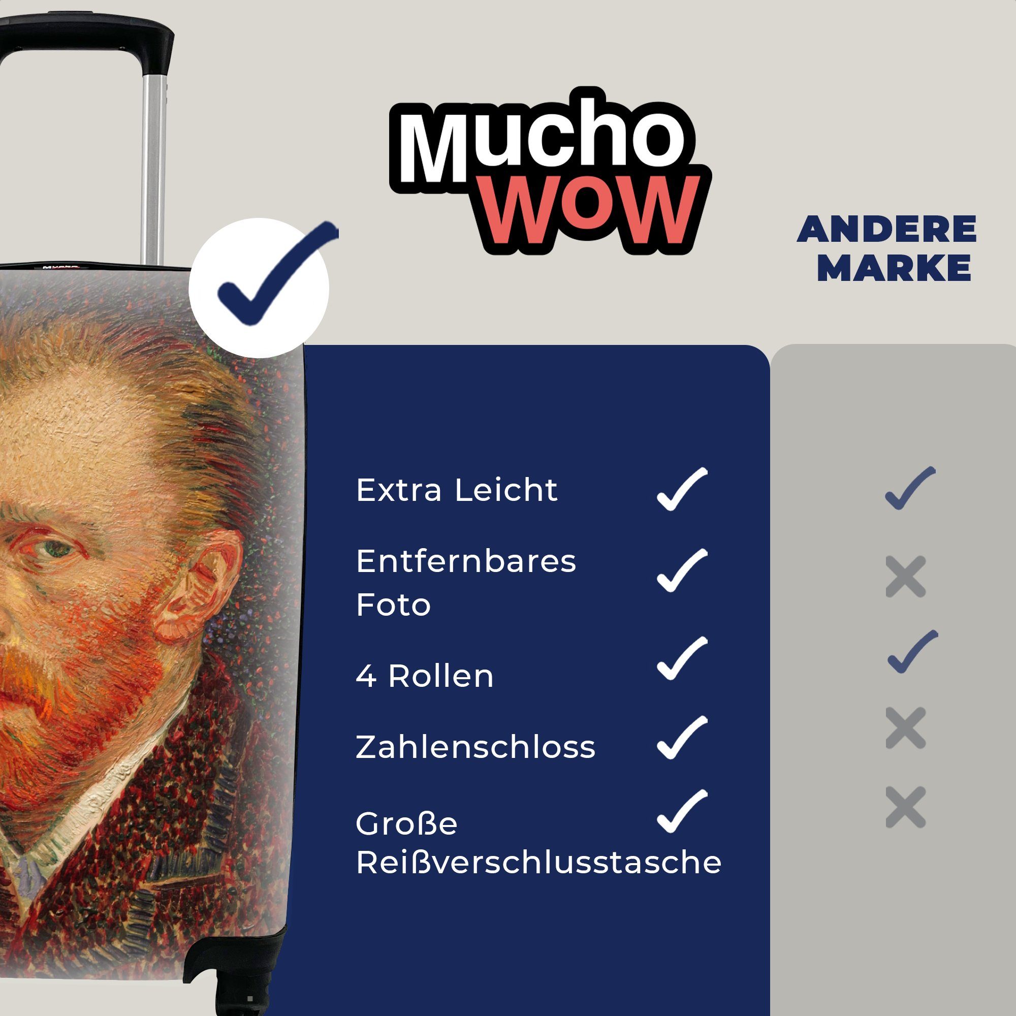 MuchoWow Handgepäckkoffer Selbstporträt - Vincent mit rollen, Rollen, 4 van Gogh, Handgepäck Trolley, für Reisekoffer Reisetasche Ferien
