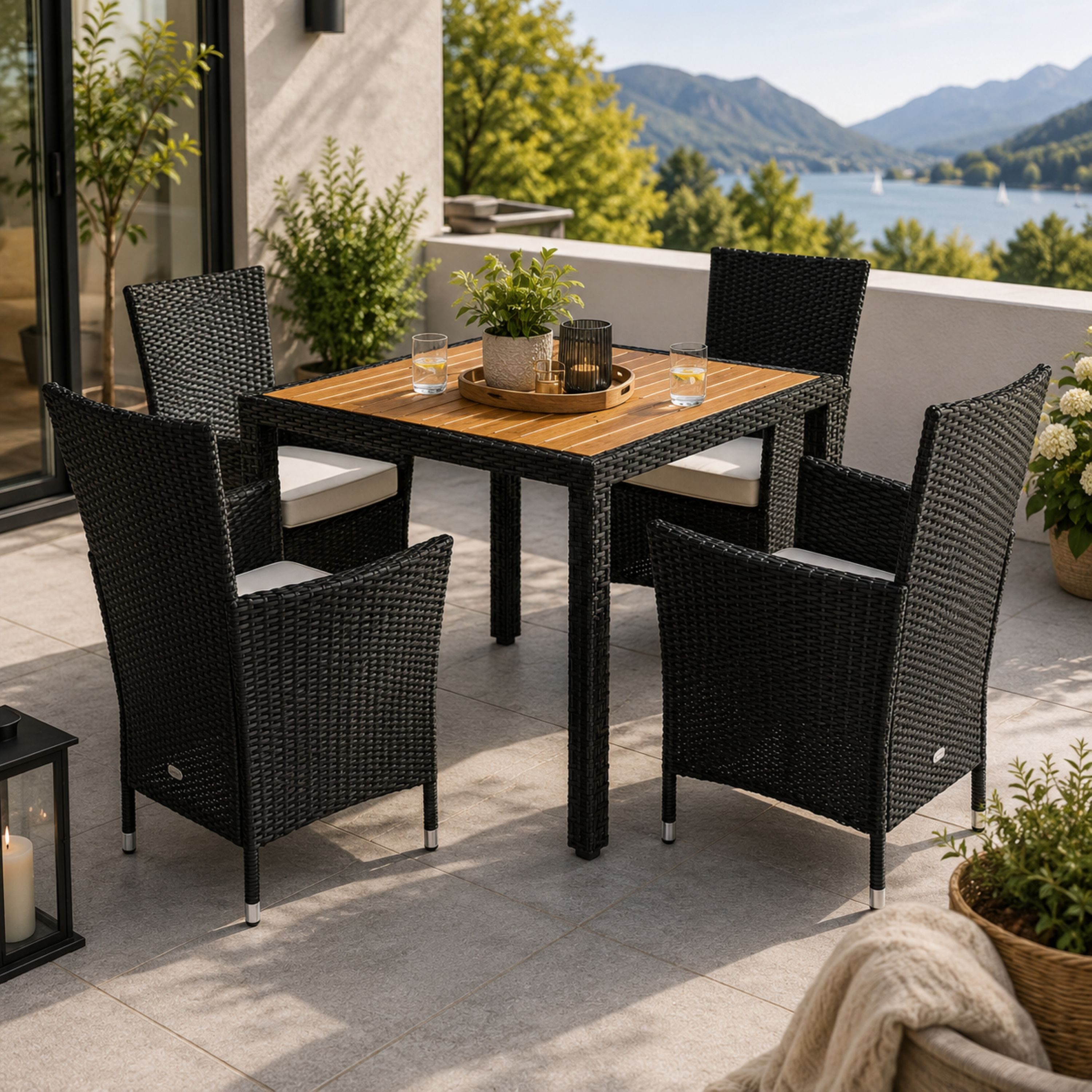 Casaria Garten-Essgruppe, (5-tlg), Polyrattan 4 Personen Auflagen Stühle Stapelbar Akazie Holz Wetterfest