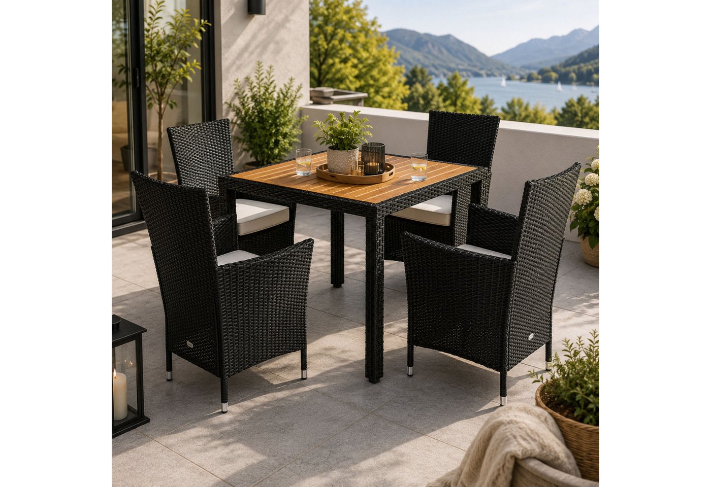 Casaria Garten-Essgruppe, (5-tlg), Polyrattan 4 Personen Auflagen Stühle Stapelbar Akazie Holz Wetterfest