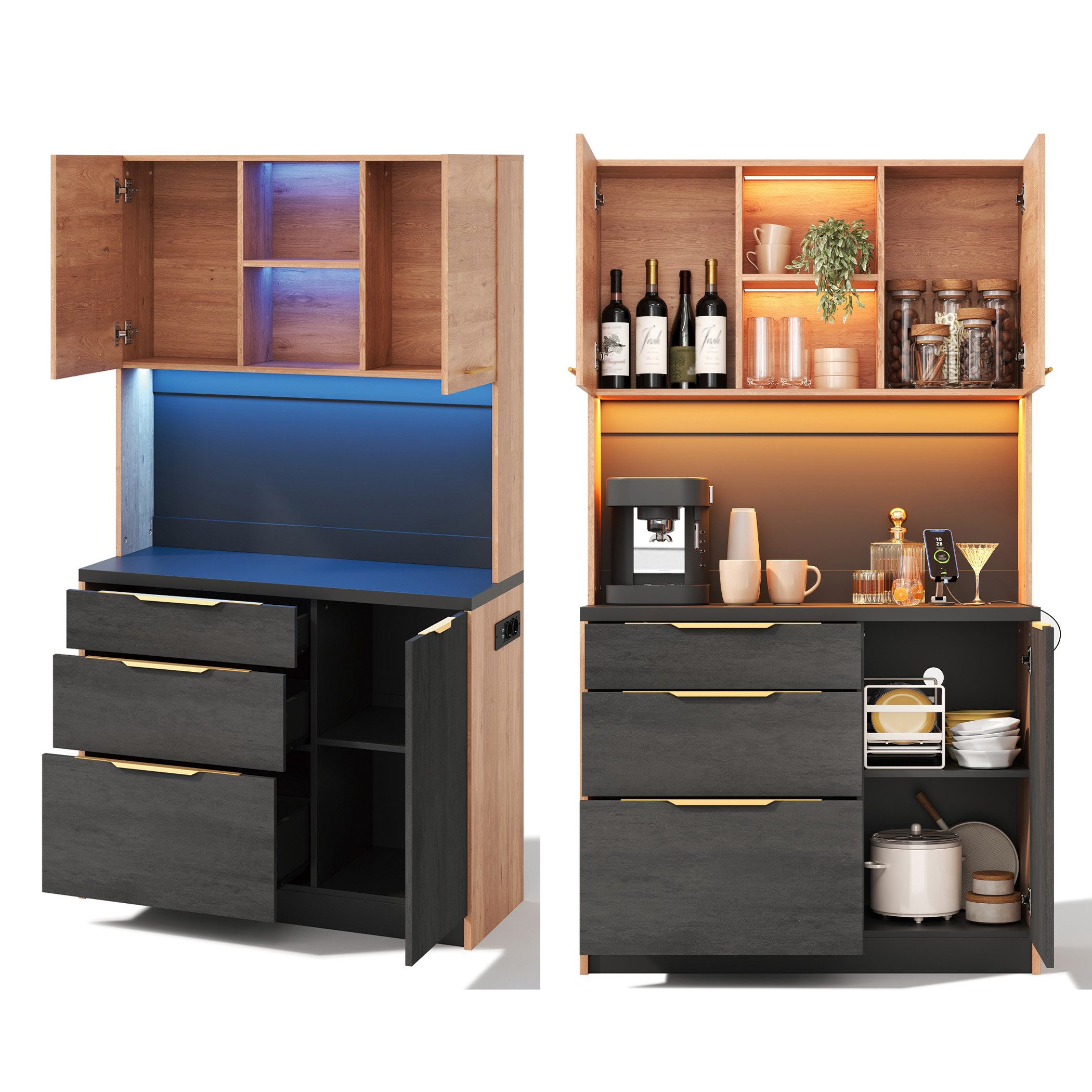 SeedWave Buffet Modernes Küchenbuffet 180cm Höhe mit LED-Beleuchtung, Ladefunktion 37cm Tiefe Arbeitsplatte, verstellbare offene Fächer, Metallgriffe