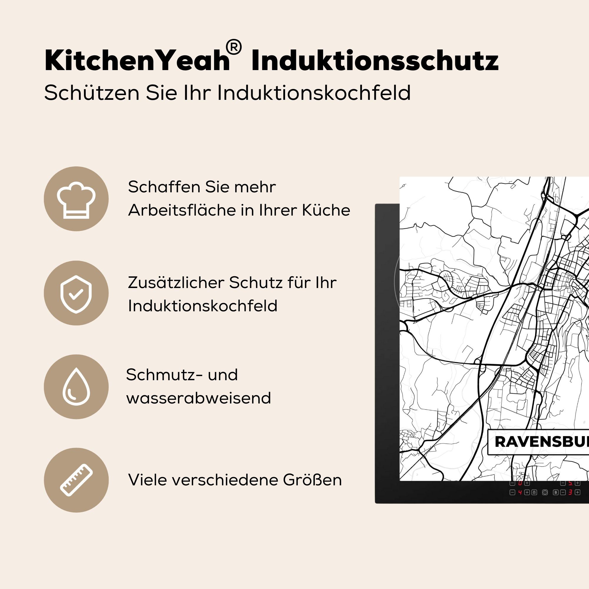 für - Ravensburg tlg), Vinyl, Herdblende-/Abdeckplatte Arbeitsplatte Karte MuchoWow 78x78 cm, - küche (1 Stadtplan, Ceranfeldabdeckung,
