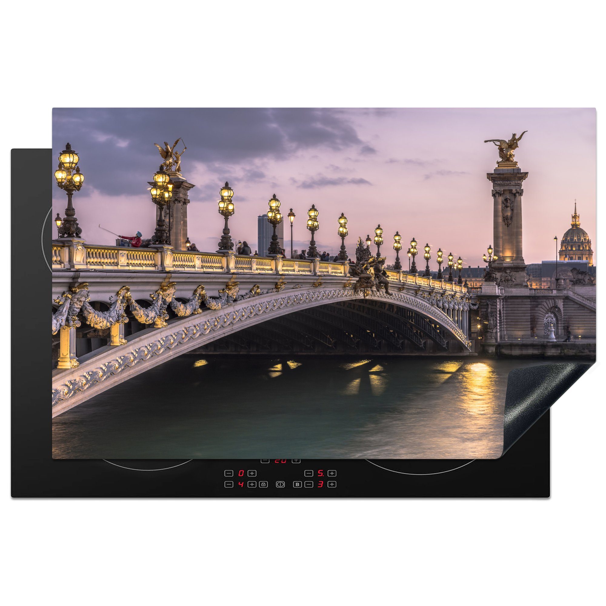 MuchoWow Herdblende-/Abdeckplatte Eine beleuchtete Brücke im französischen Paris, Vinyl, (1 tlg), 81x52 cm, Induktionskochfeld Schutz für die küche, Ceranfeldabdeckung