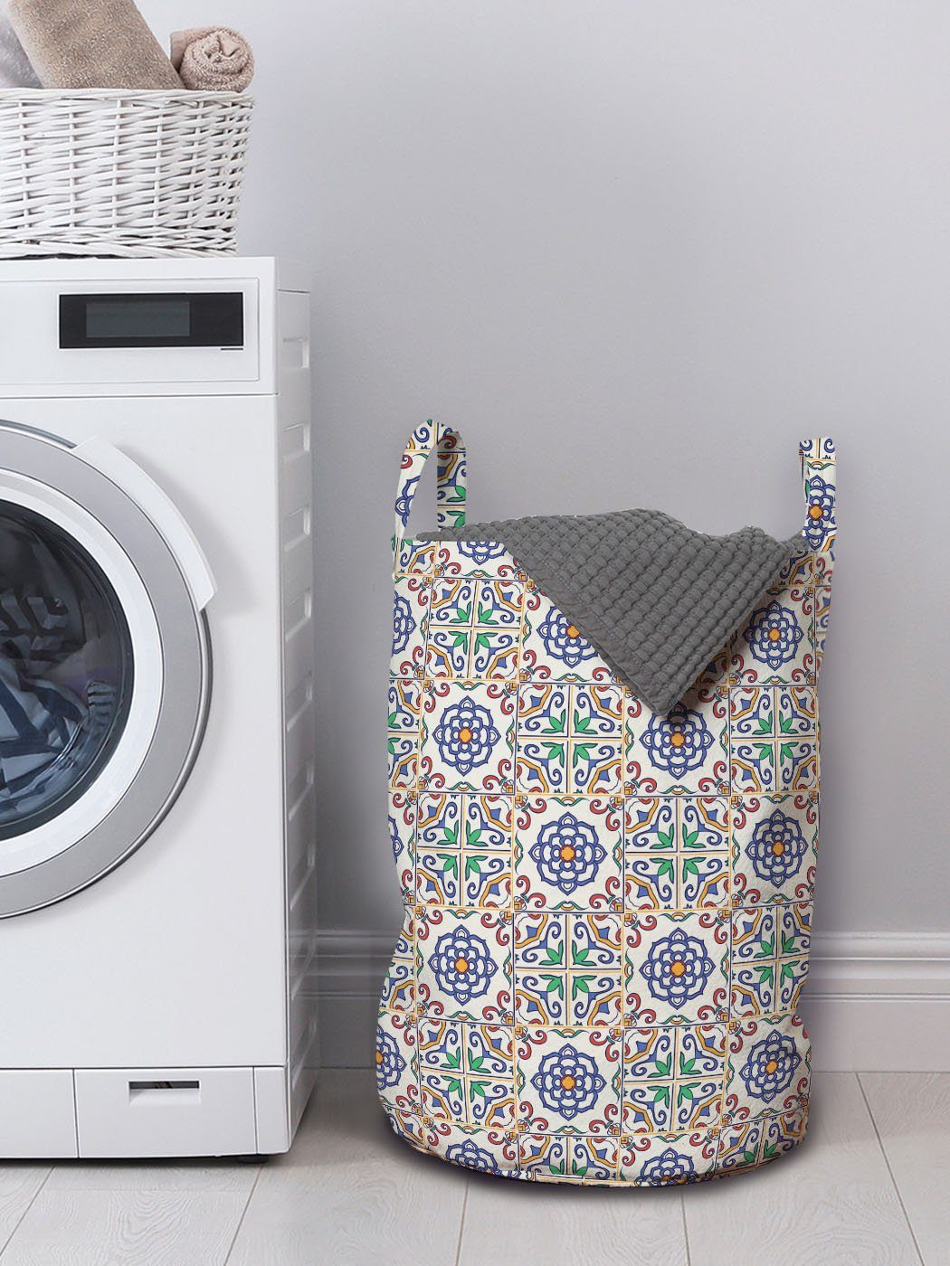 Waschsalons, Abakuhaus Portugiesisch mit Anlagen Griffen für Wäschesäckchen Geometrisch Kordelzugverschluss Wäschekorb