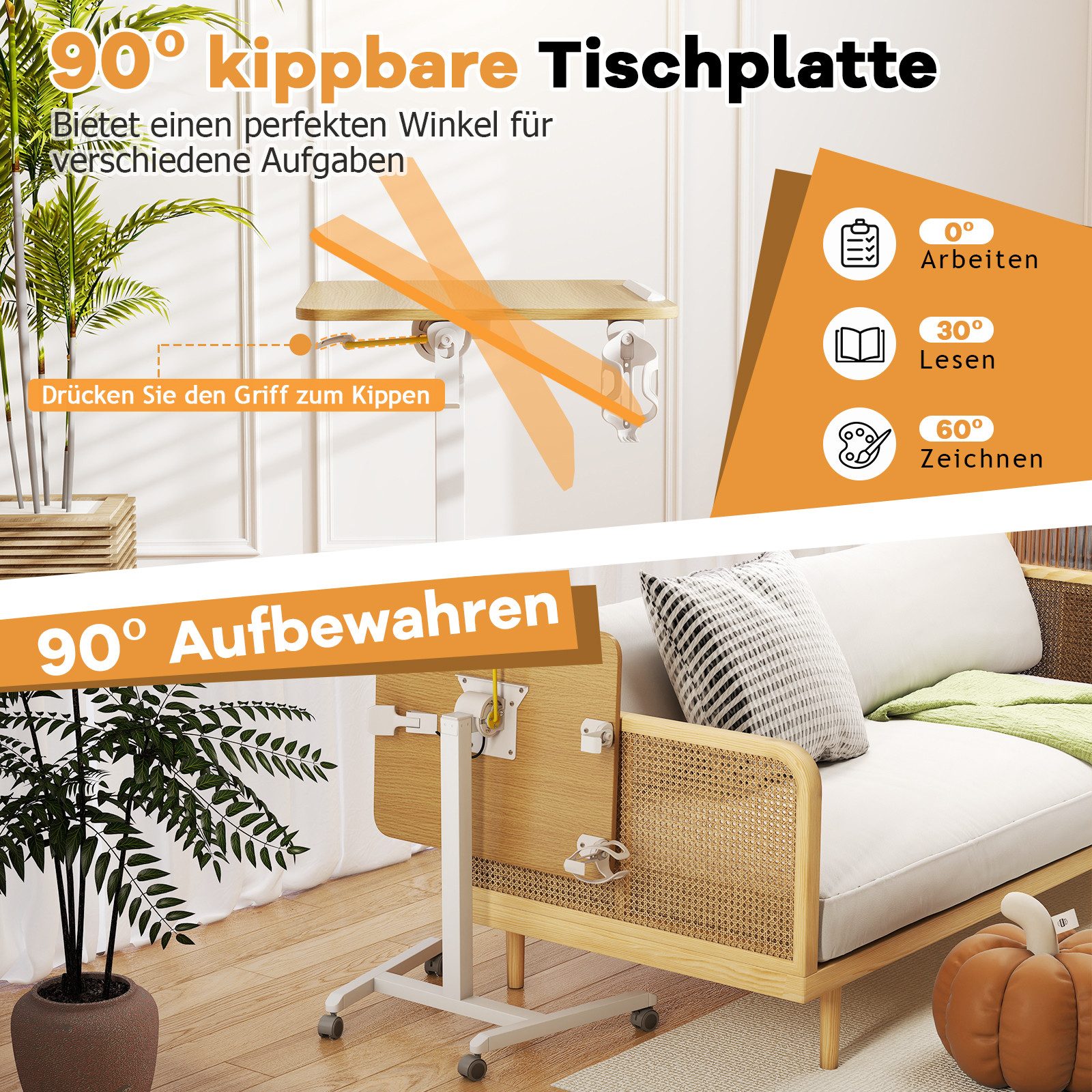 COSTWAY Laptoptisch, für Bett Beistelltisch höhenverstellbar, neigbar mit rollen