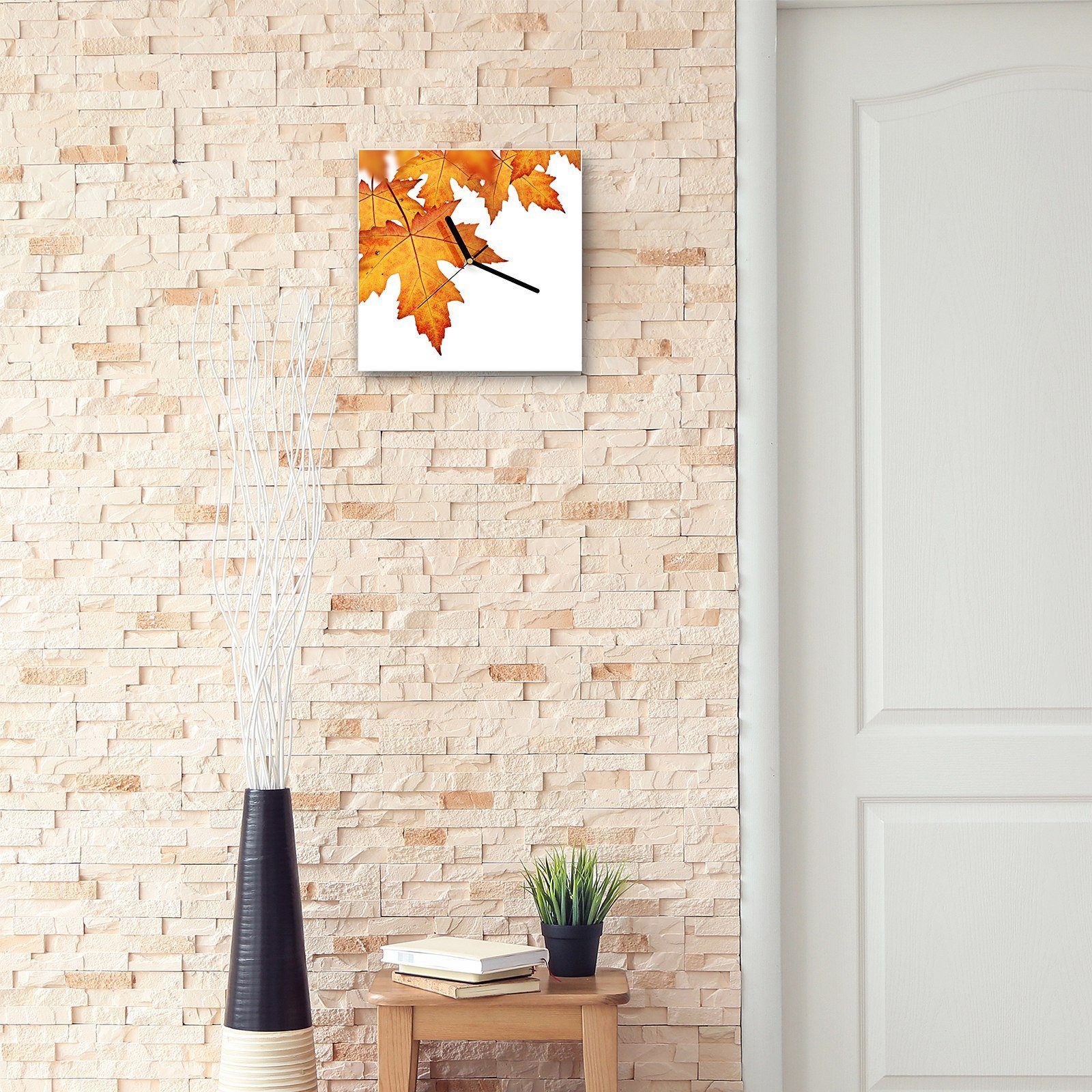 Orange Glasuhr Primedeco 30 30 x cm Wanduhr Herbstblätter mit Wandkunst Motiv Wanduhr Größe
