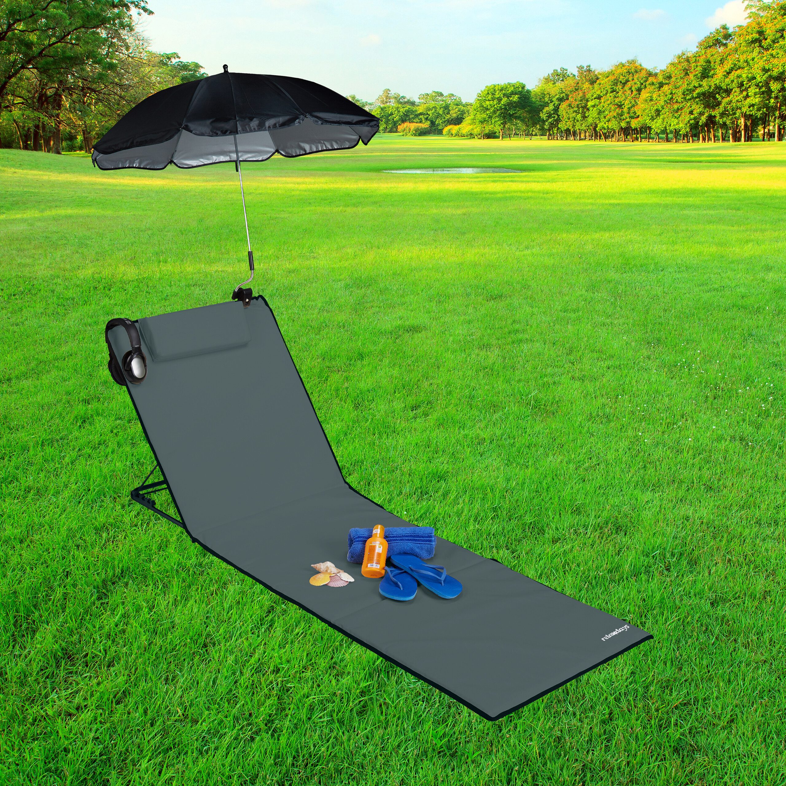 relaxdays Strandtücher Strandmatte mit Sonnenschirm, Anthrazit günstig online kaufen