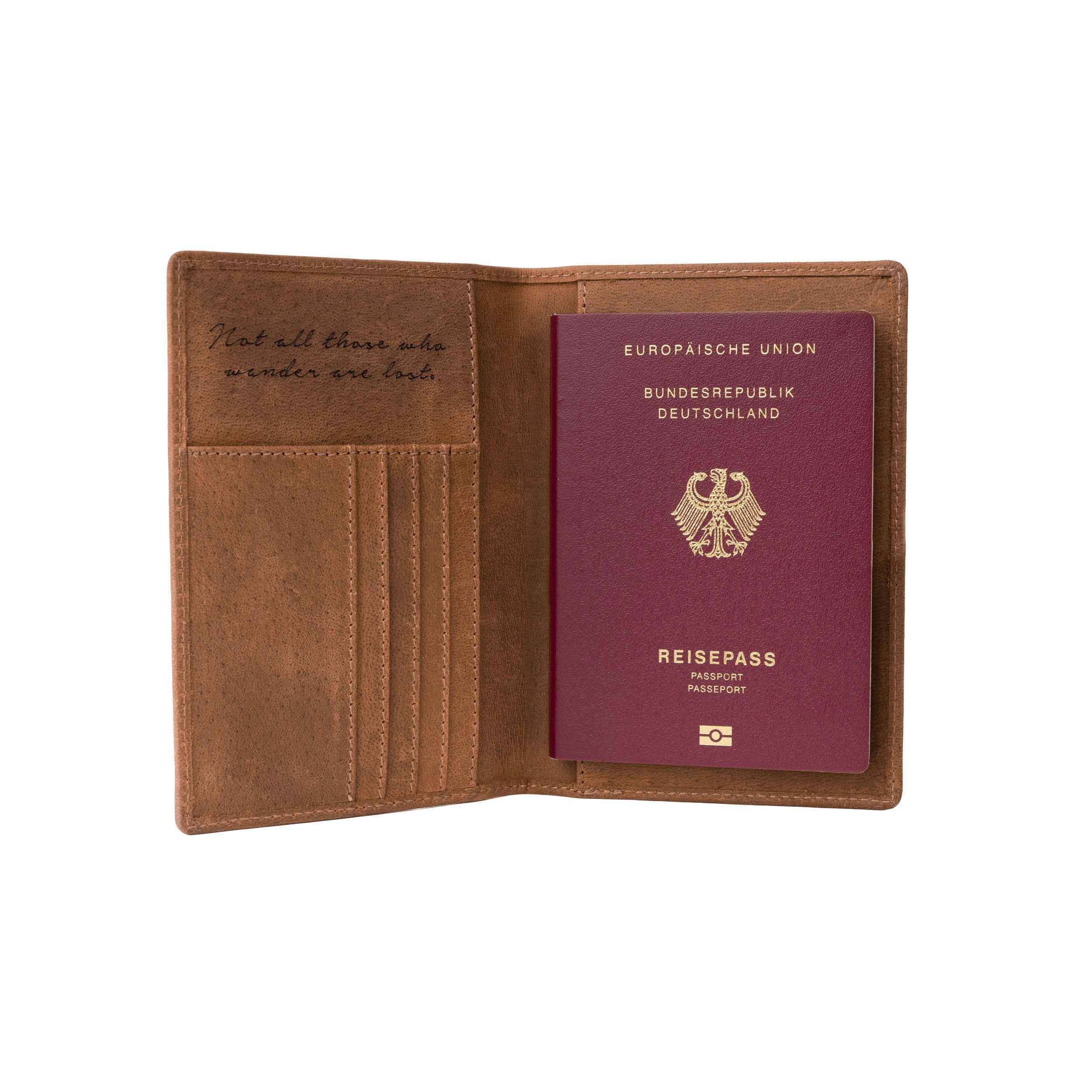Kartenfächern, Reisepasshülle »Pete« Lederhülle Reisezitat, DRAKENSBERG RFID-Schutz Havanna-Braun, für Reisepass Brieftasche mit