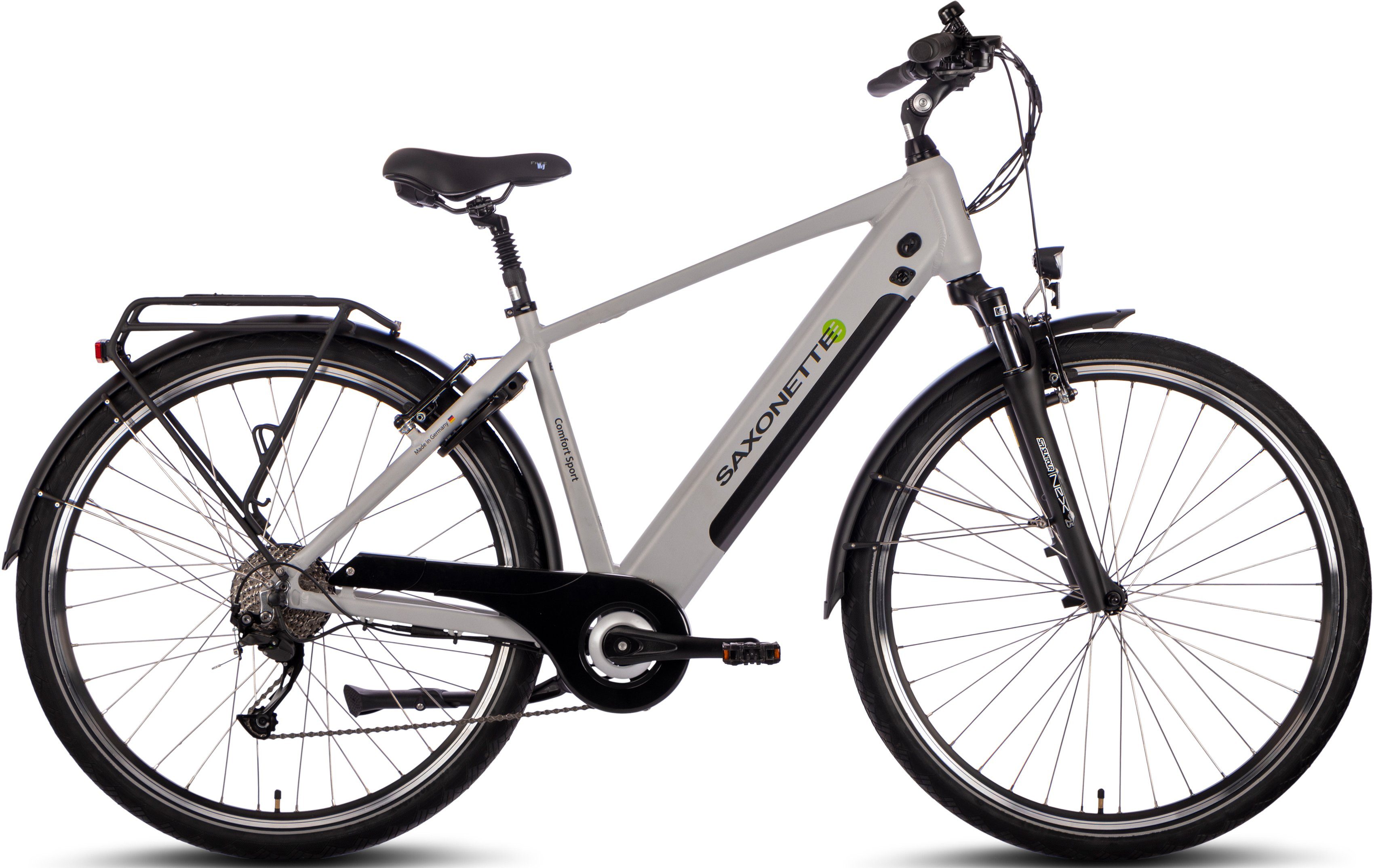 SAXONETTE E-Bike Trekkingrad Comfort Sport, 9 Gang Shimano Alivio Schaltwerk, Kettenschaltung, Heckmotor, 418 Wh, (mit integr. Rahmenschloss und Trapez-Rahmen), Pedelec, Elektrofahrrad für Damen u. Herren