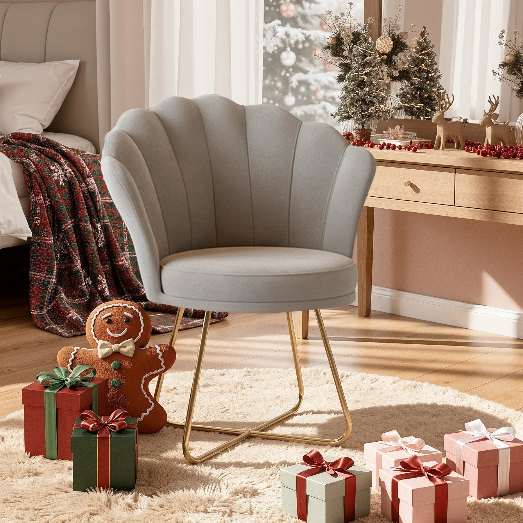 HawthyHome Polsterstuhl Polstersessel mit Blütenblatt-Rückenlehne & Goldene Metallbeine (1 St), ideal für Esszimmer & Schminktisch